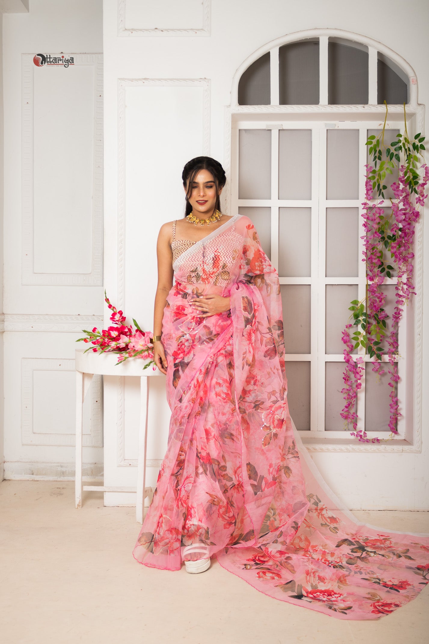 Pink organza designer saree