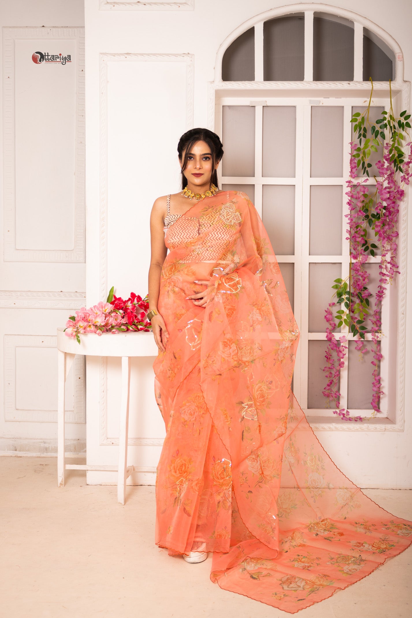 Peach organza silk saree