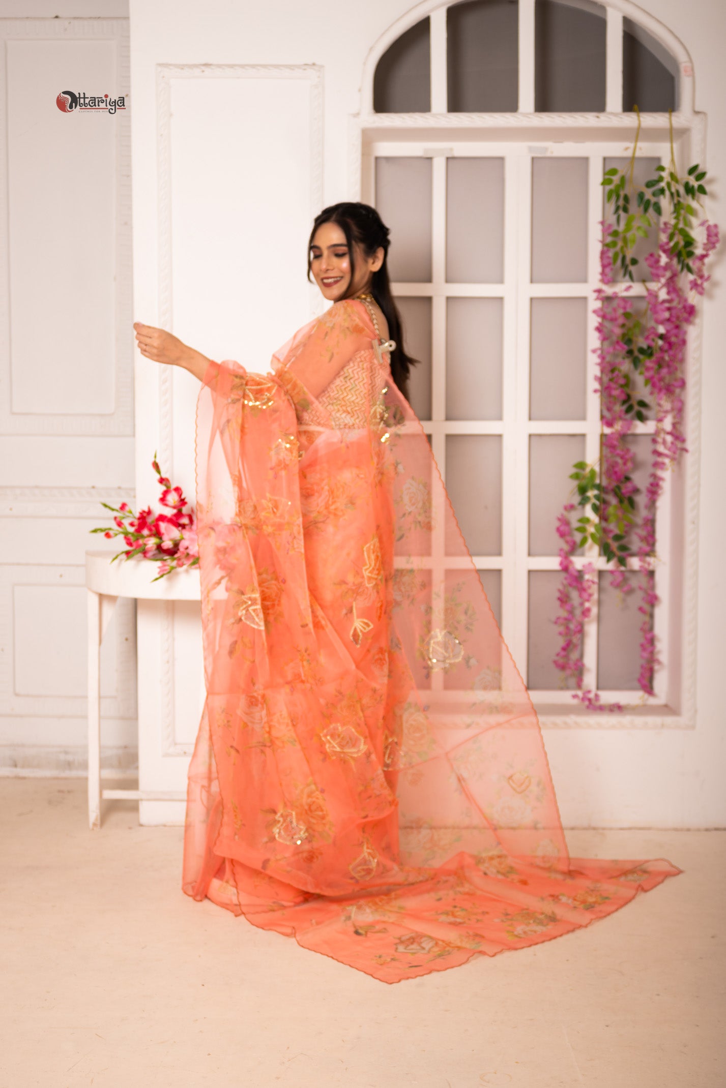 Peach organza silk saree