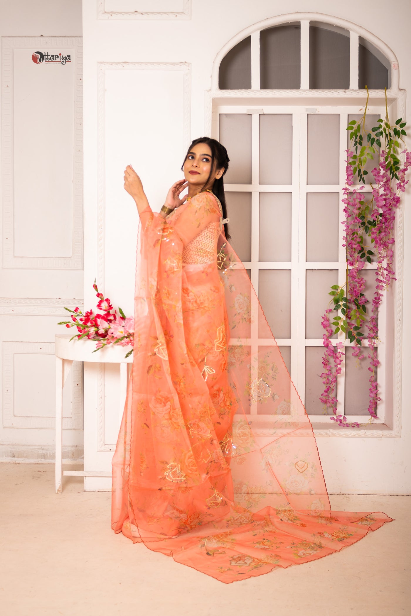 Peach organza silk saree - Uttariya
