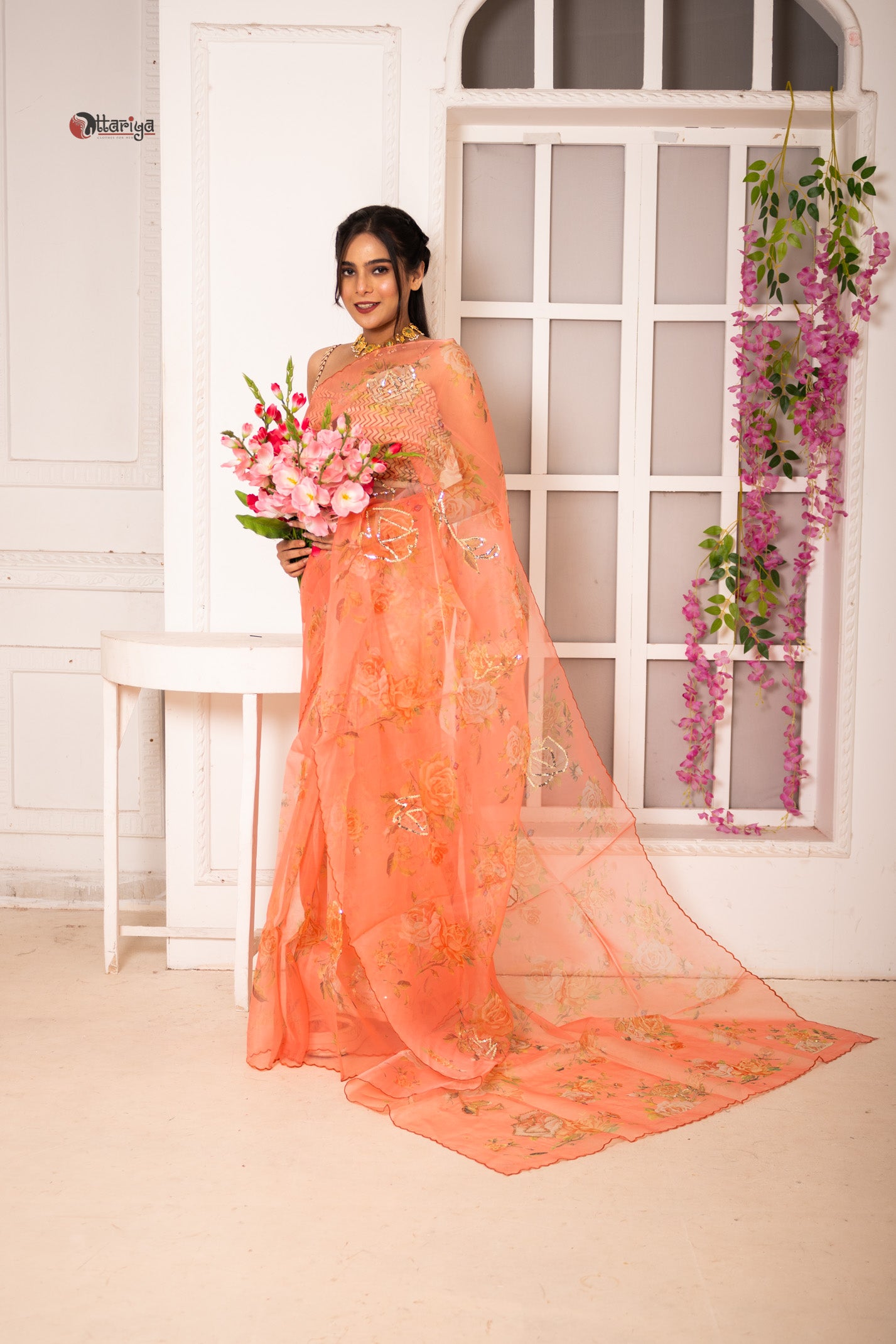 Peach organza silk saree