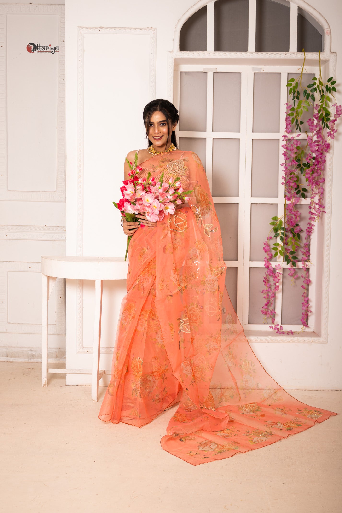 Peach organza silk saree