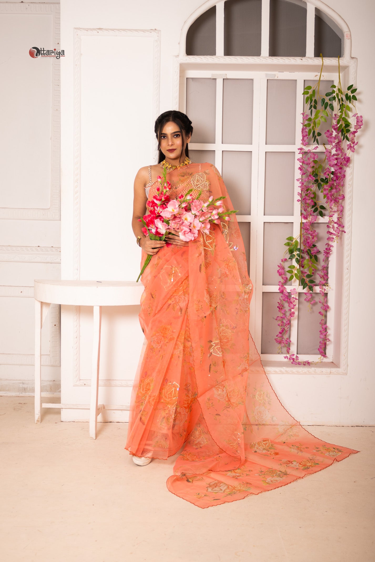 Peach organza silk saree