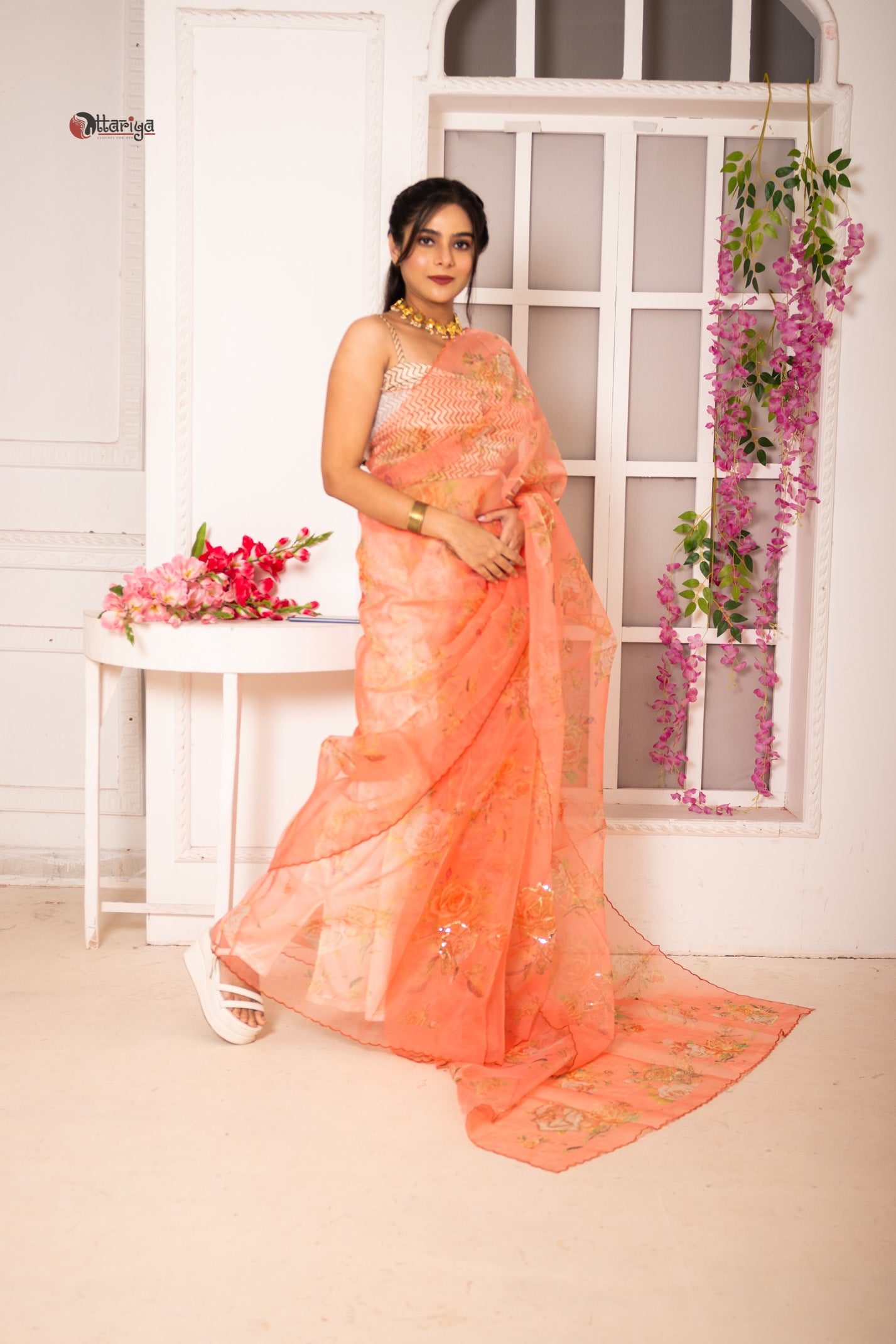 Peach organza silk saree