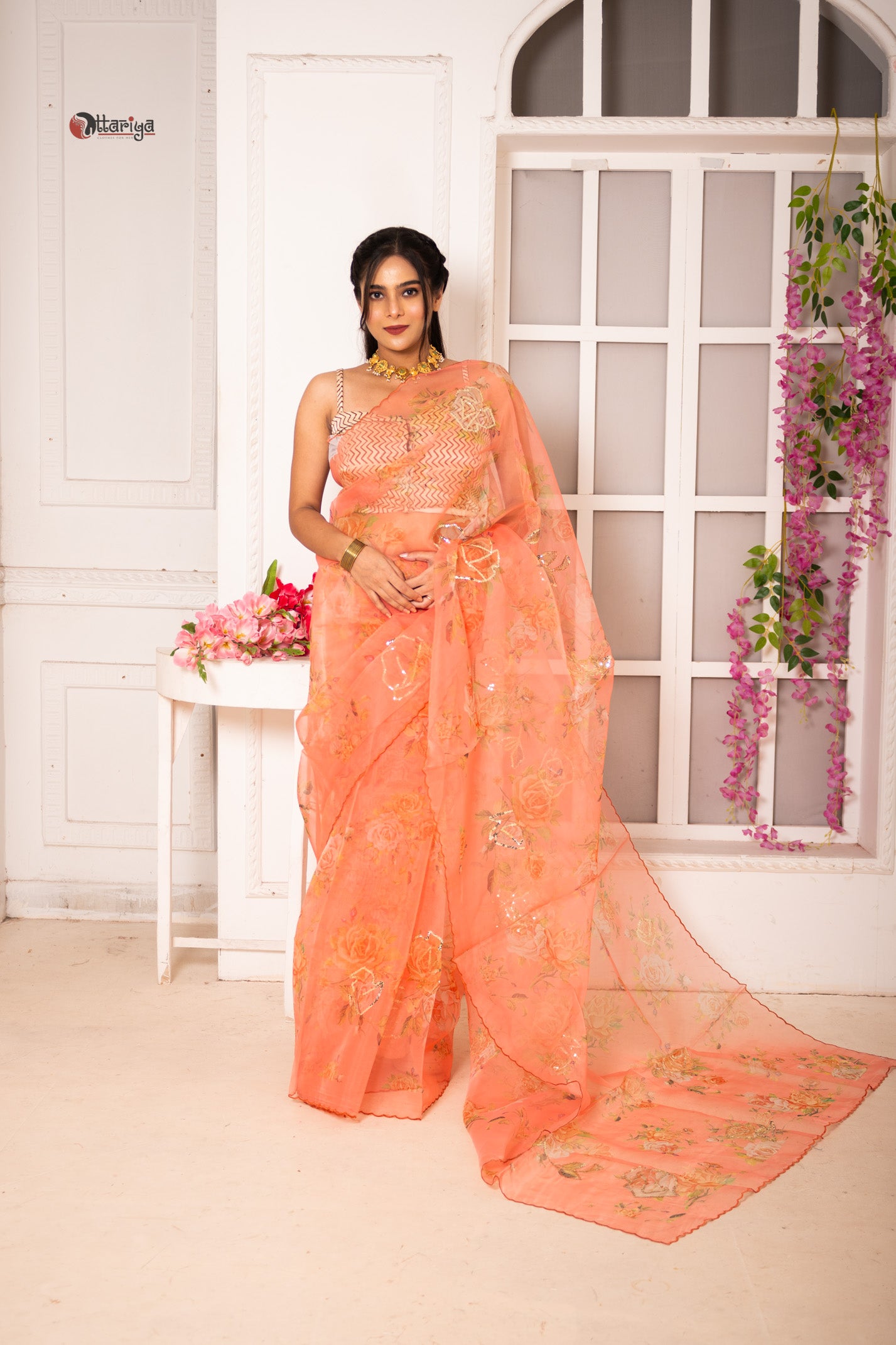 Peach organza silk saree