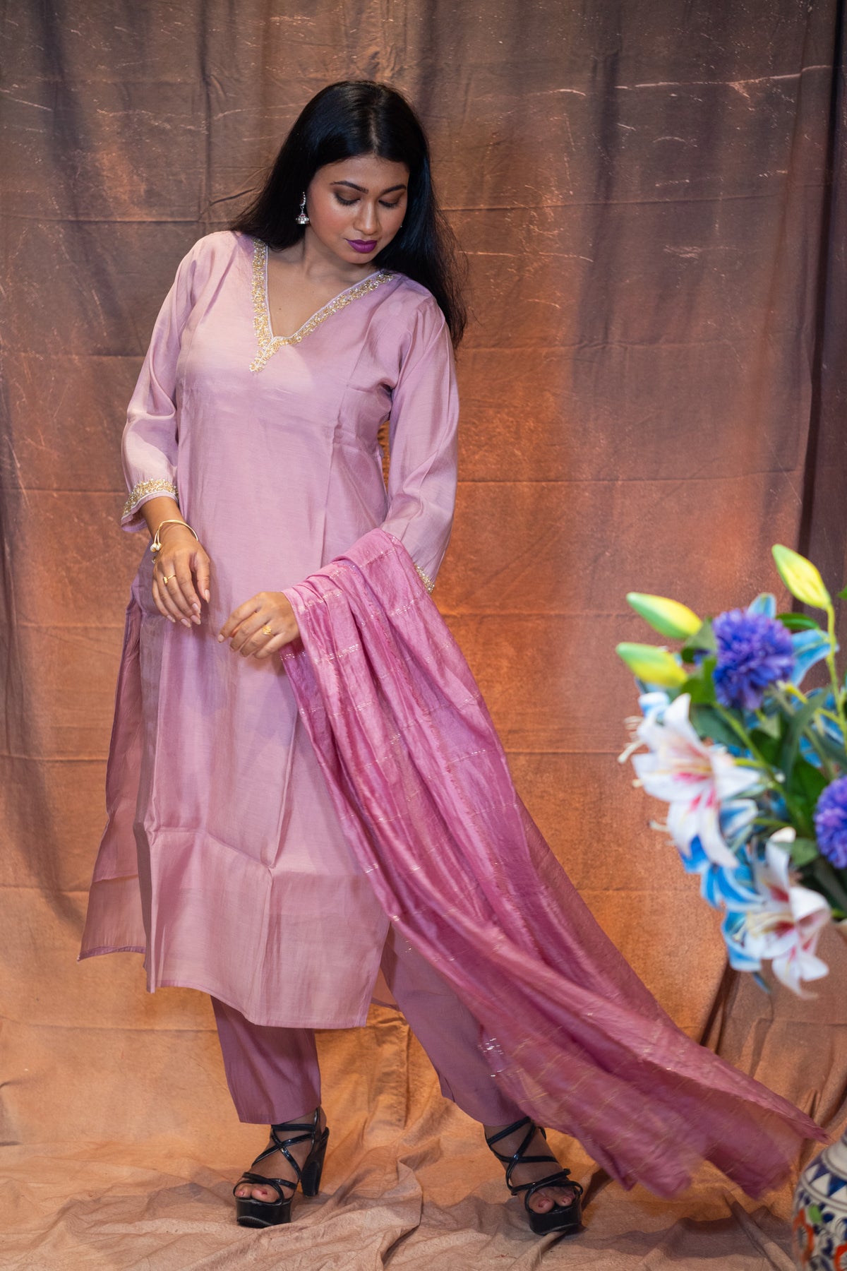 Golapi Zardosi Chanderi Kurta Set