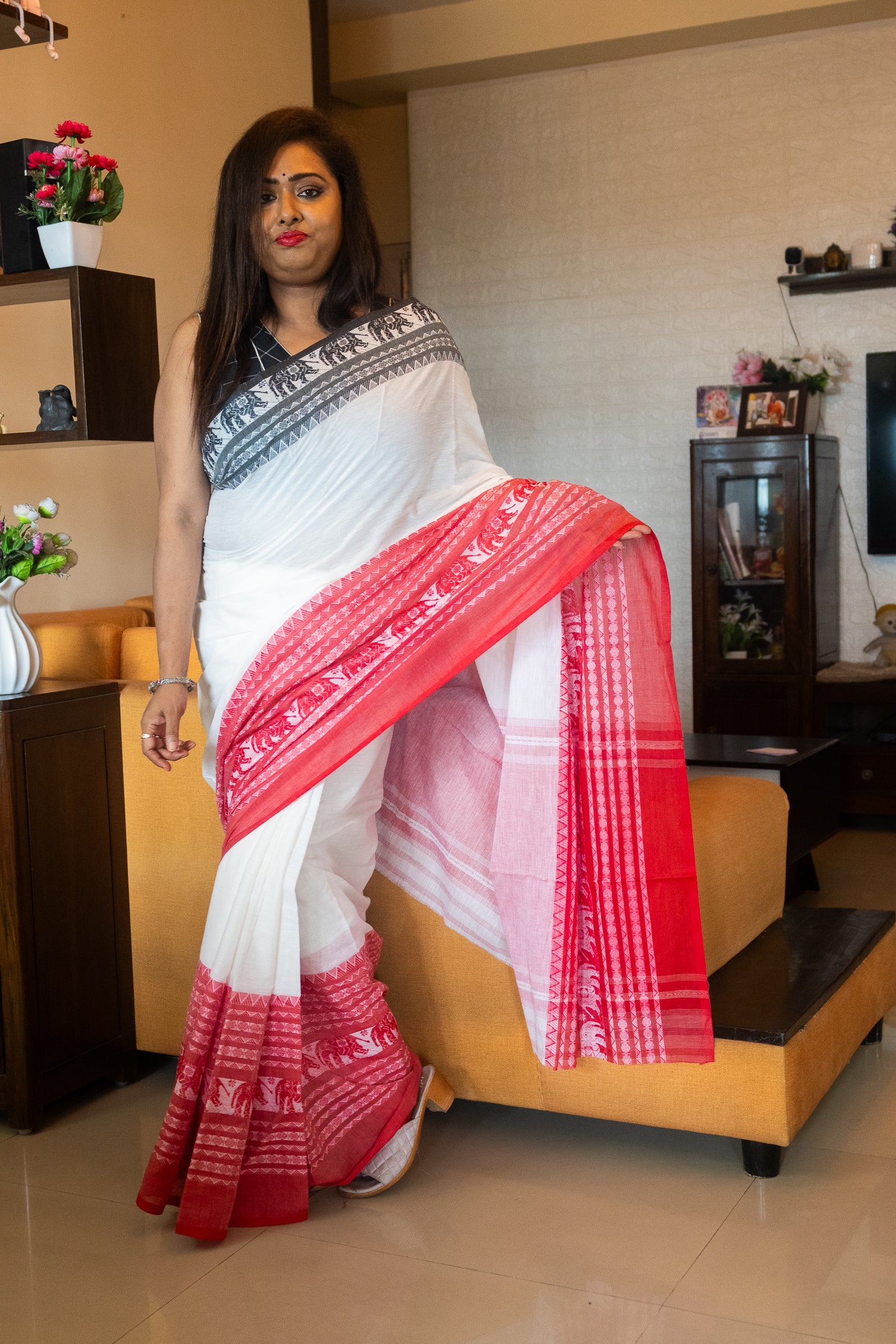 White Cotton Khadi Saree with red woven border– Swapna Creation