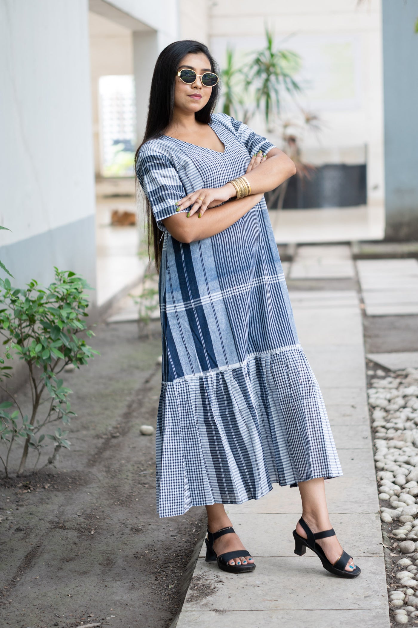 Neelambari Gamcha Weave Tiered Maxi Dress