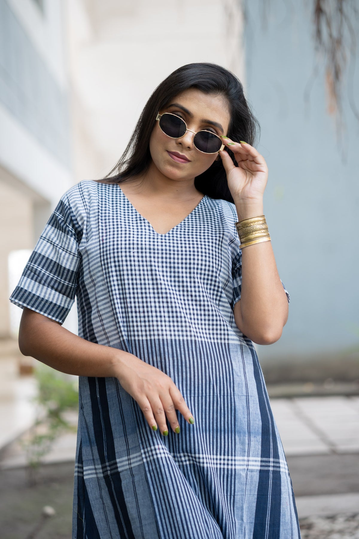 Neelambari Gamcha Weave Tiered Maxi Dress