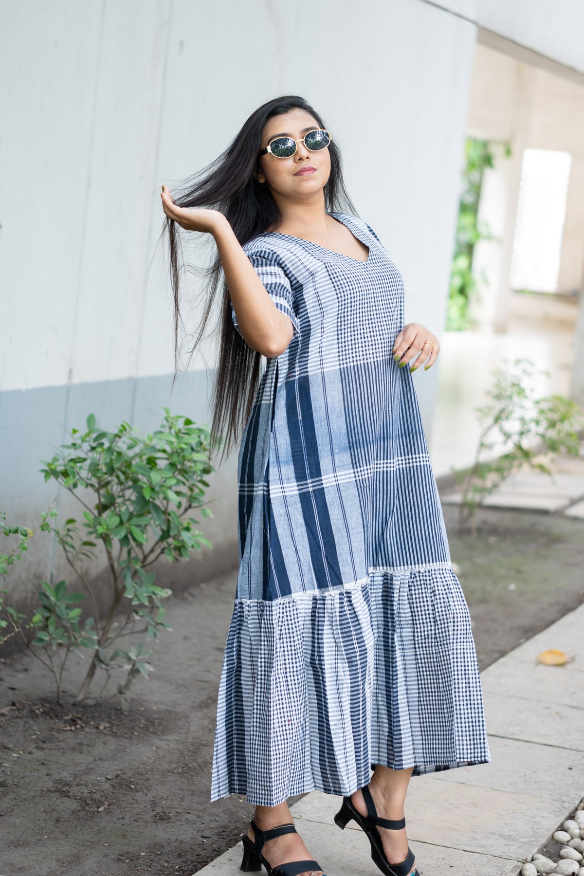 Neelambari Gamcha Weave Tiered Maxi Dress