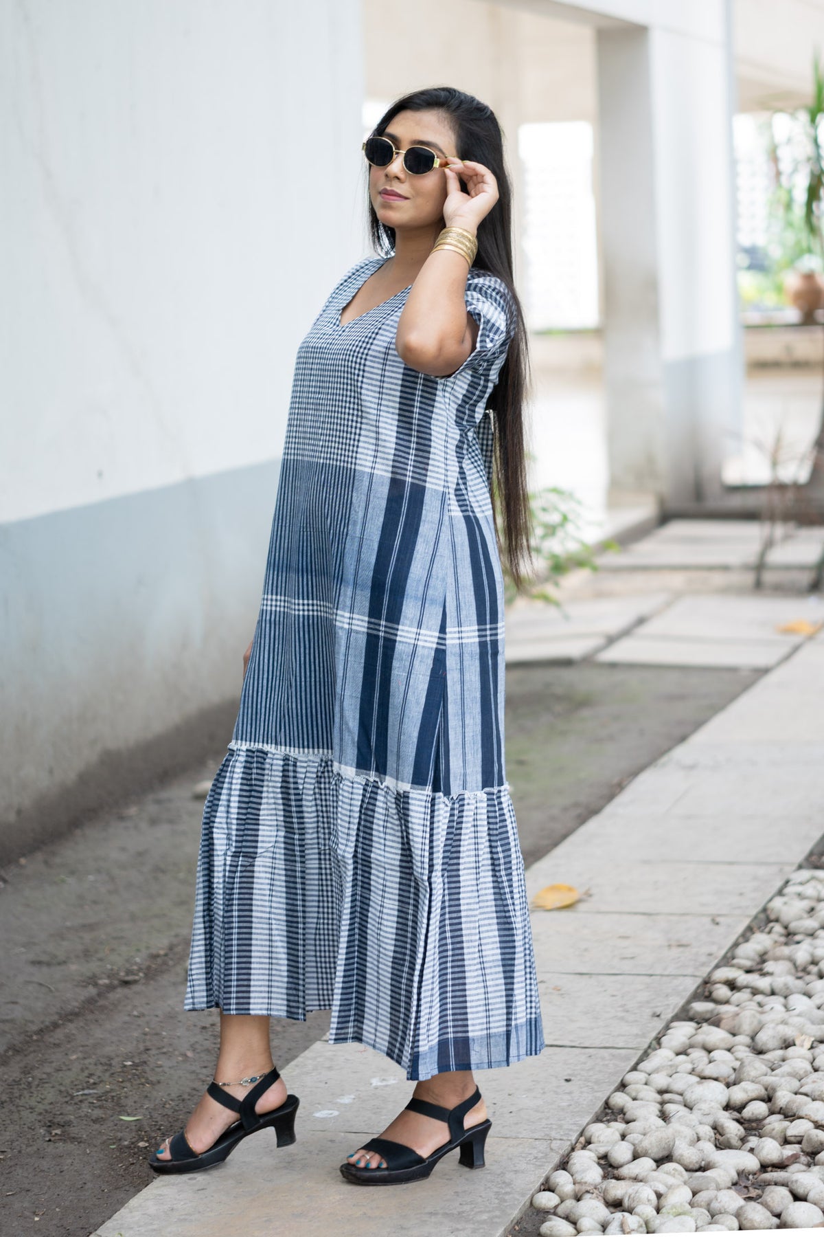 Neelambari Gamcha Weave Tiered Maxi Dress