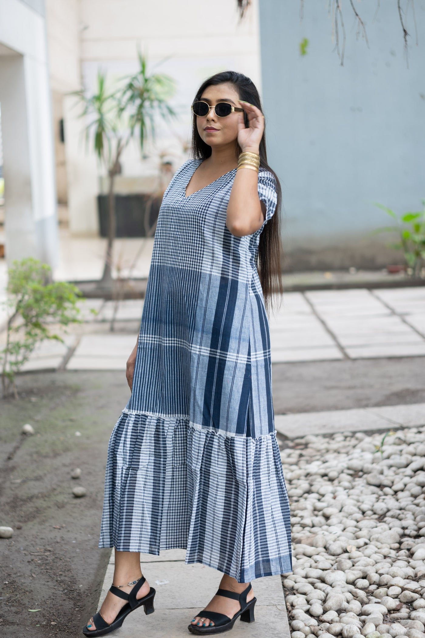 Neelambari Gamcha Weave Tiered Maxi Dress