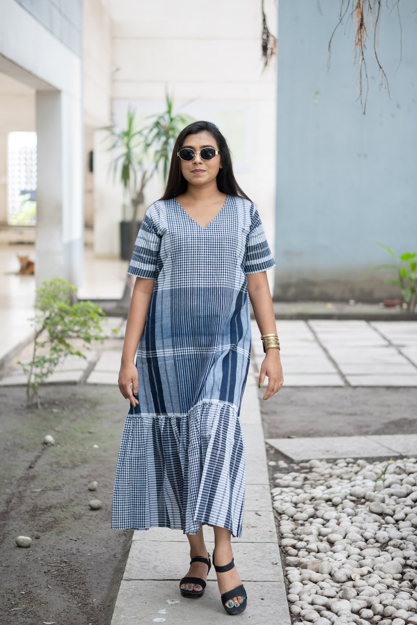 Neelambari Gamcha Weave Tiered Maxi Dress