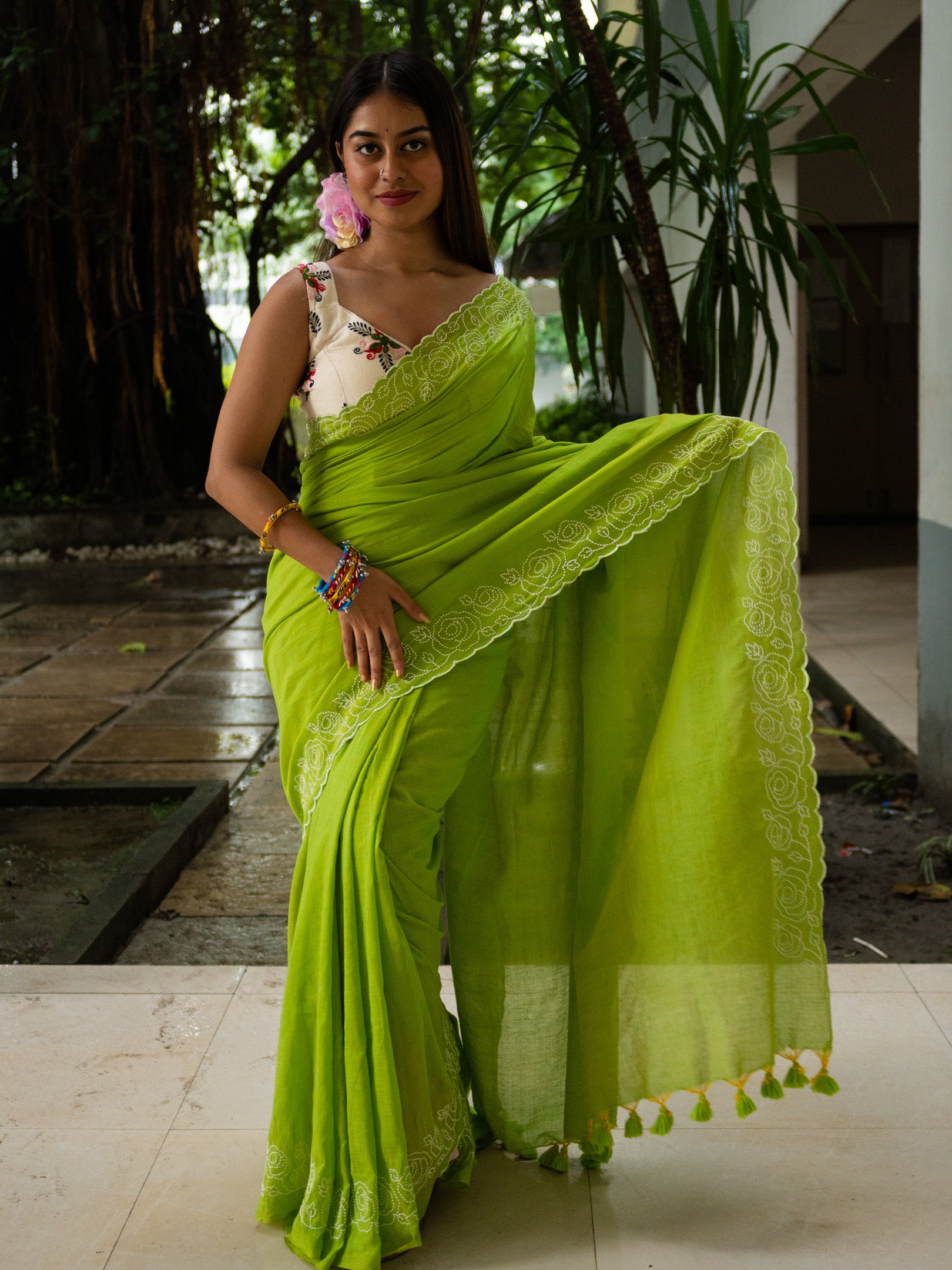 Lime Green Rose Saree