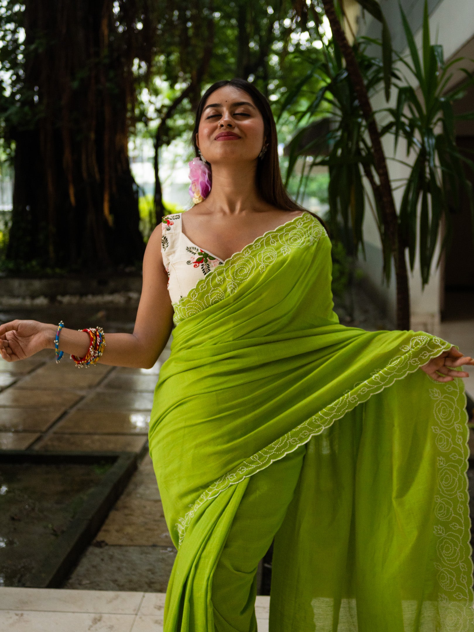 Lime Green Rose Saree