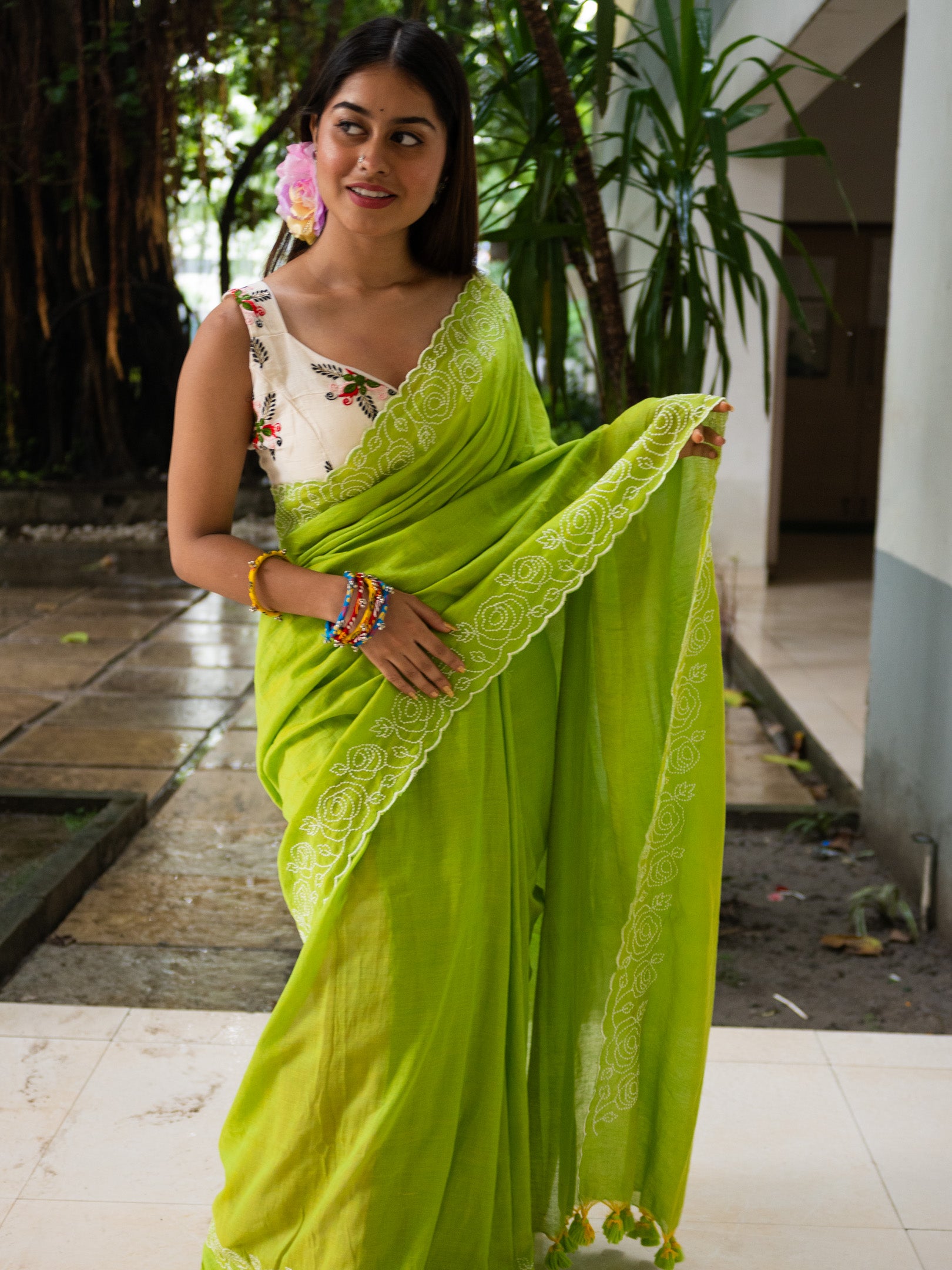 Lime Green Rose Saree