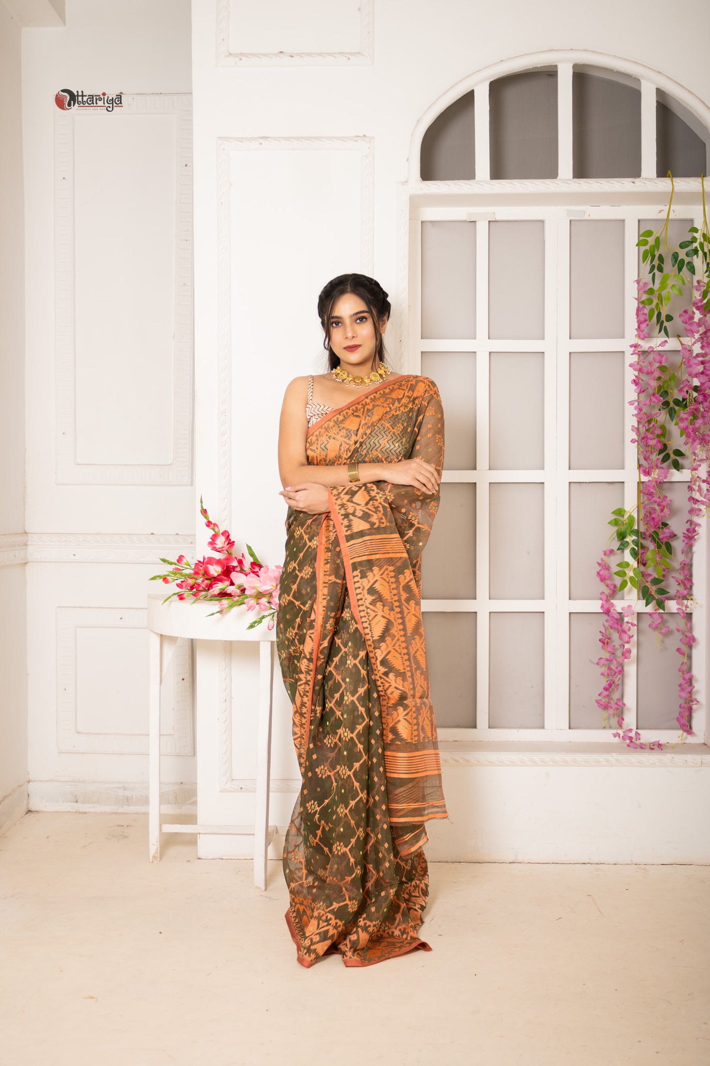 Forest Dhakai Jamdani Saree - Uttariya