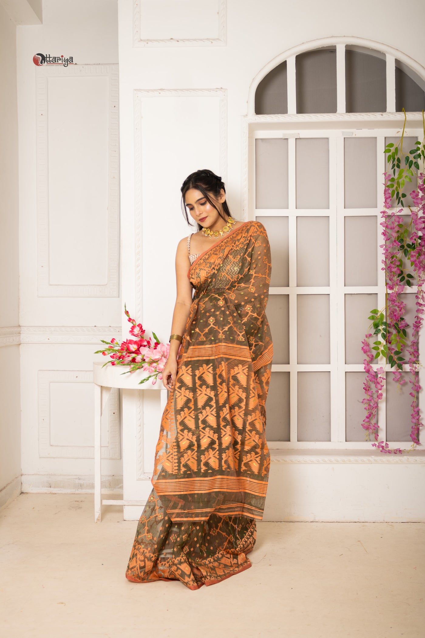 Forest Dhakai Jamdani Saree - Uttariya