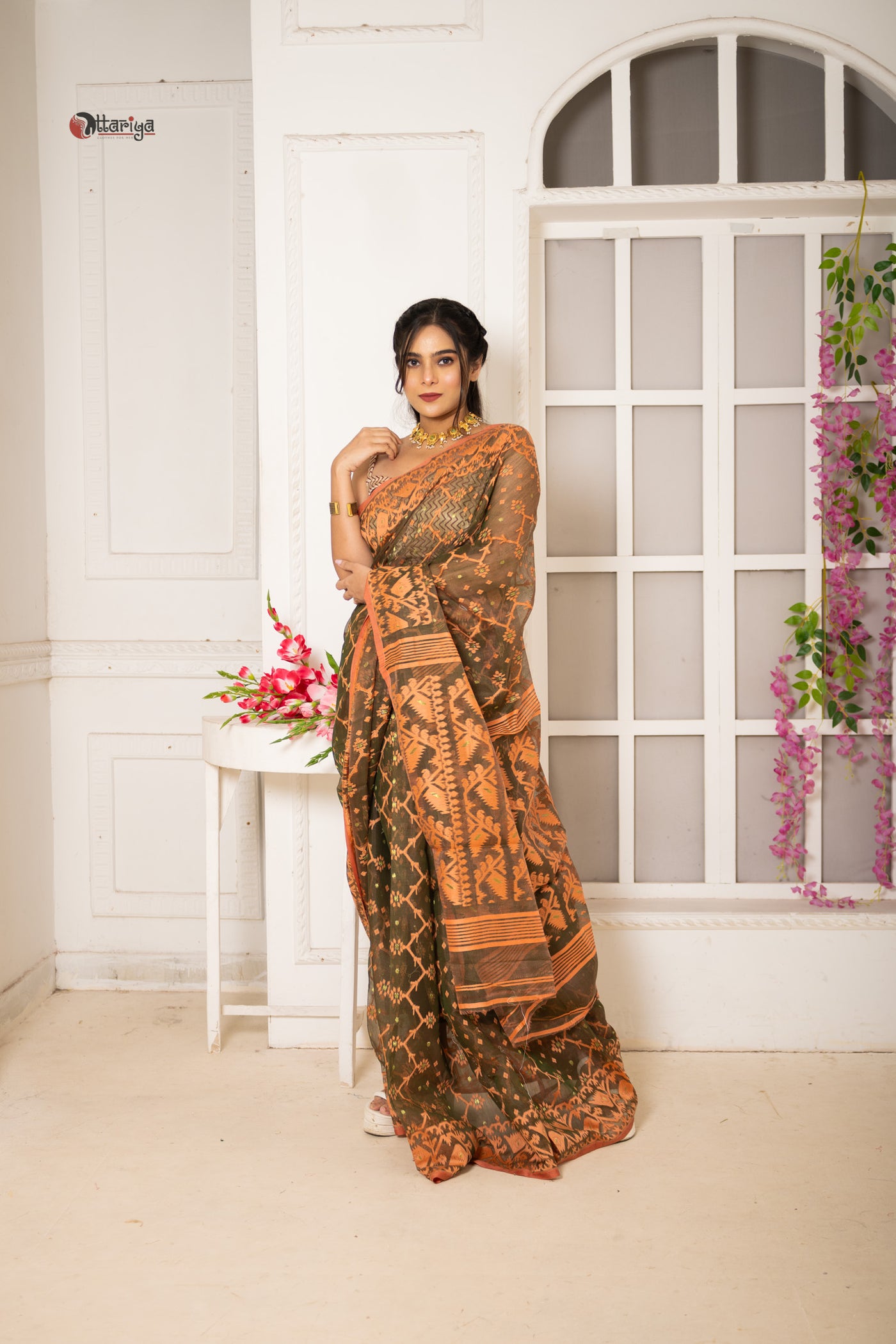 Forest Dhakai Jamdani Saree - Uttariya