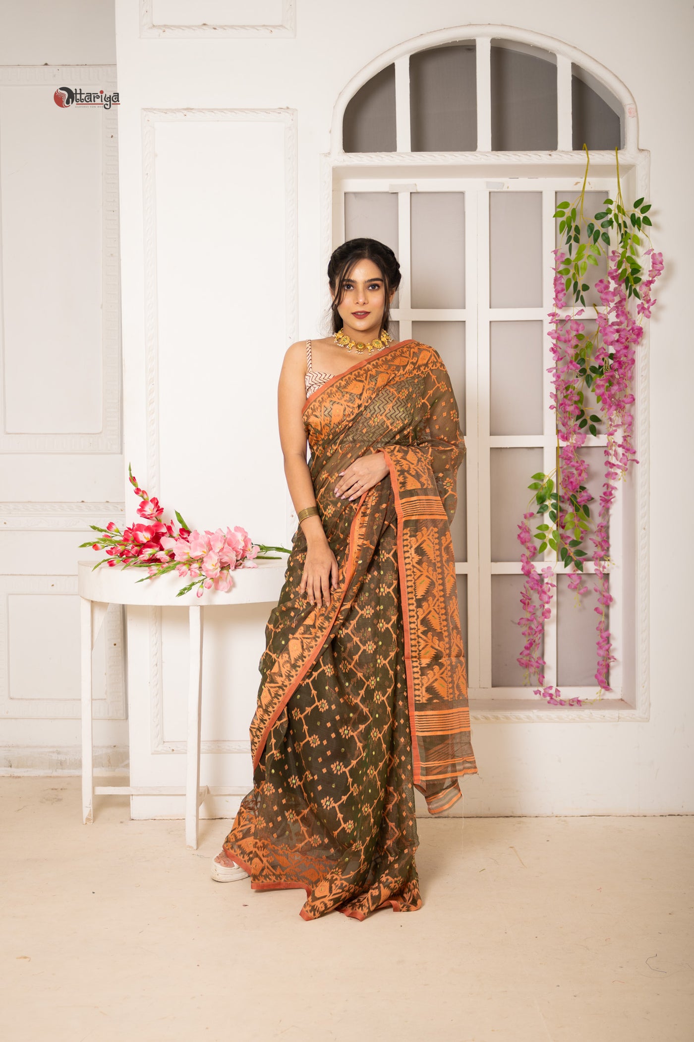Forest Dhakai Jamdani Saree - Uttariya