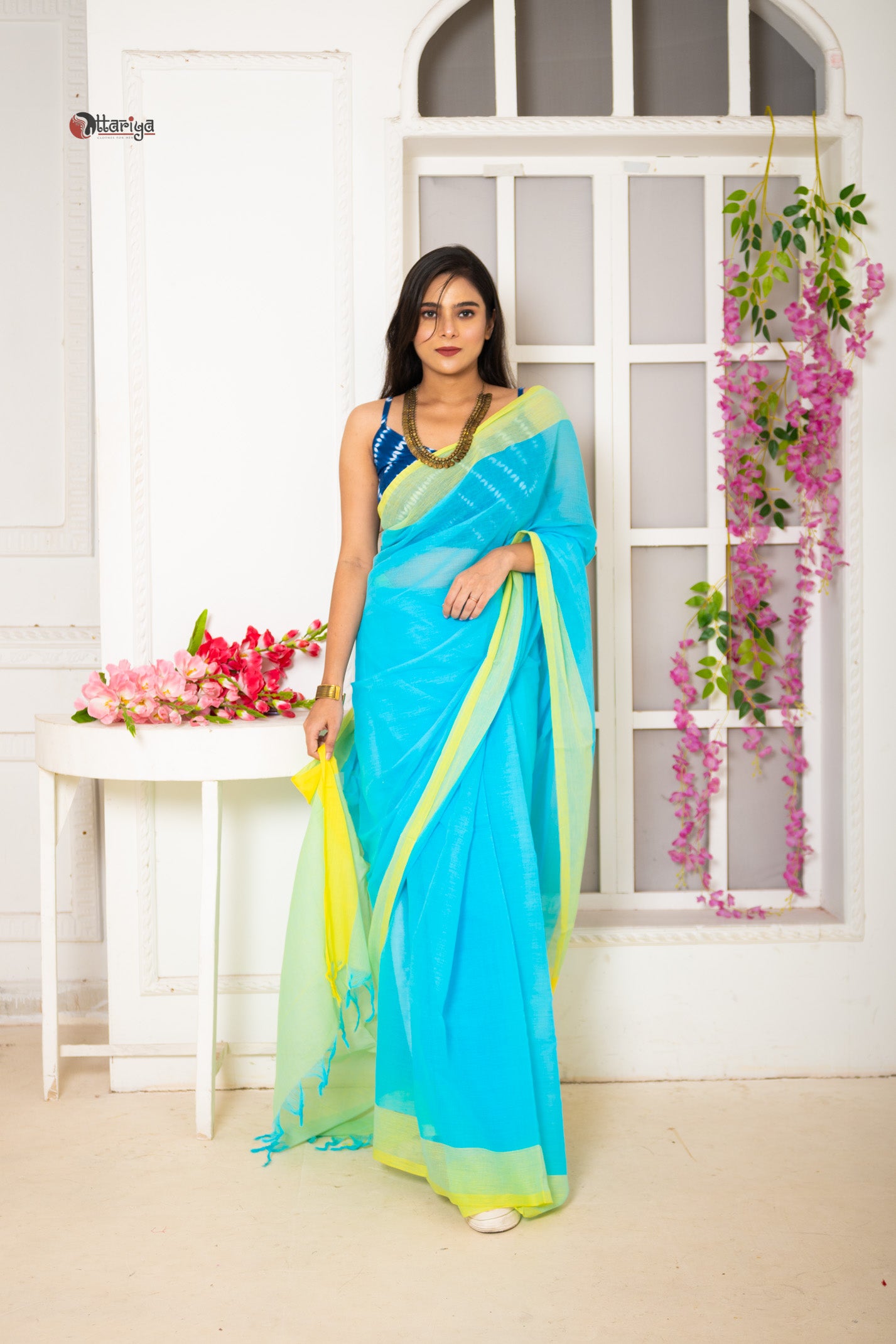 Turquoise rose Saree