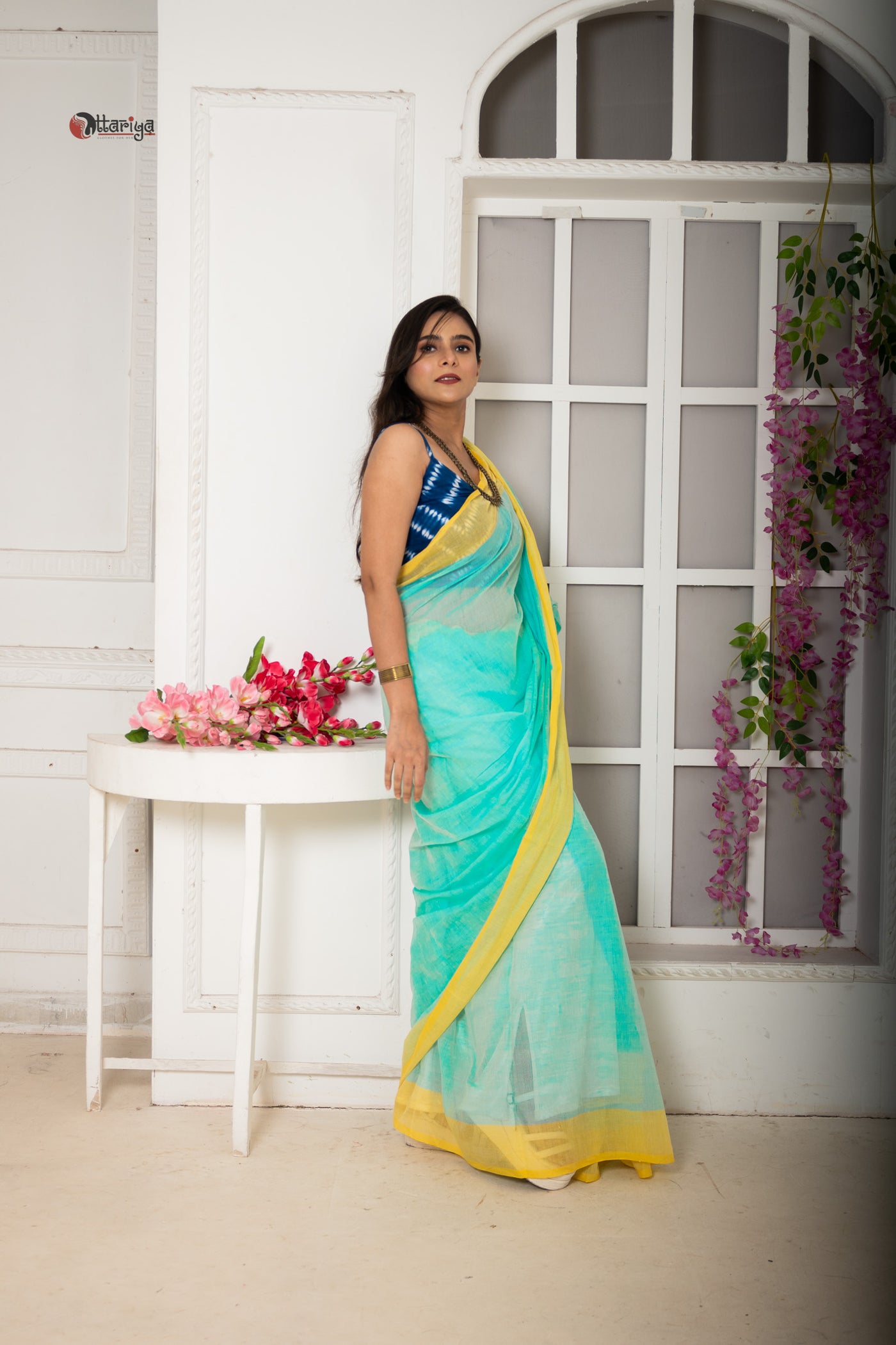 Lime pink bud saree - Uttariya