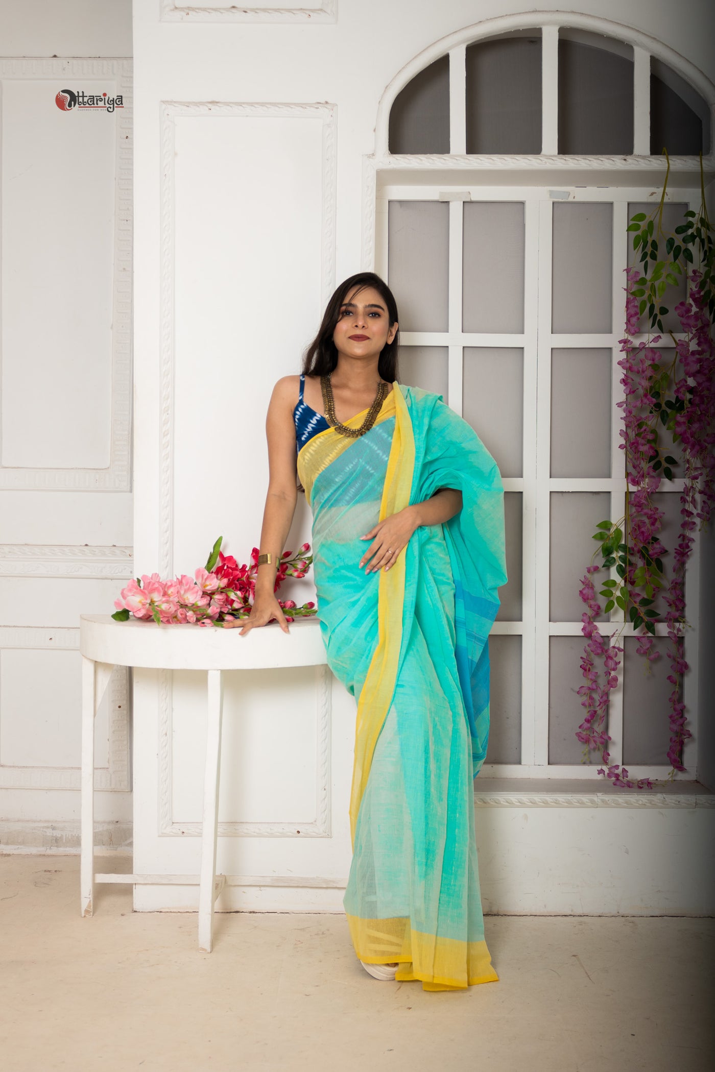 Lime pink bud saree - Uttariya