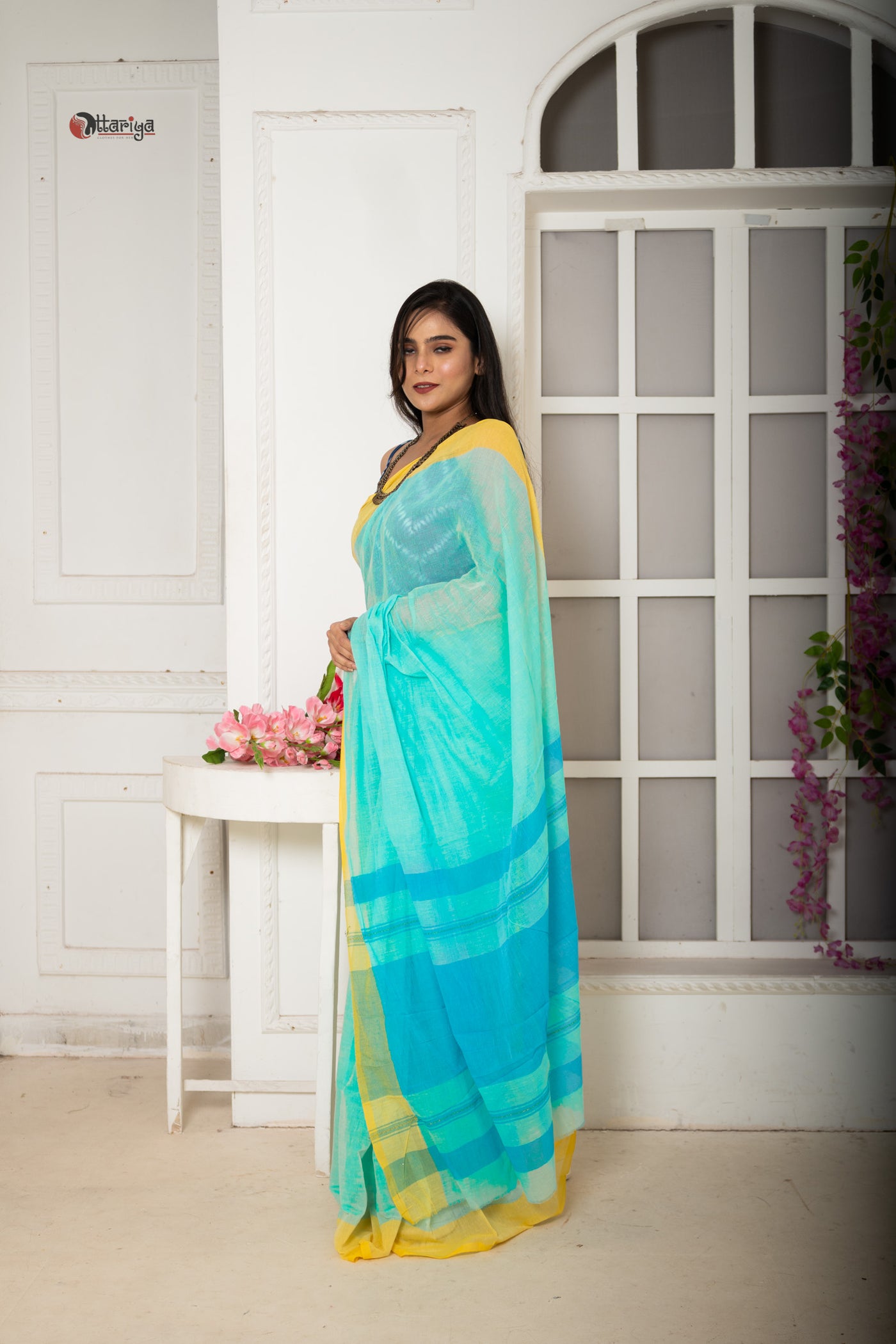 Lime pink bud saree - Uttariya