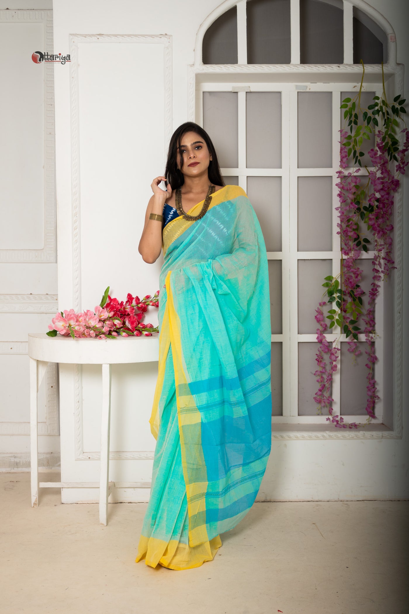Lime pink bud saree - Uttariya
