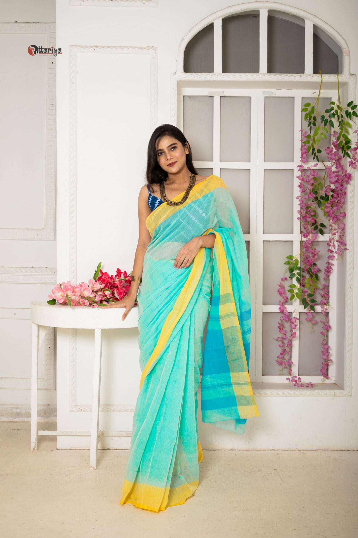 Lime pink bud saree