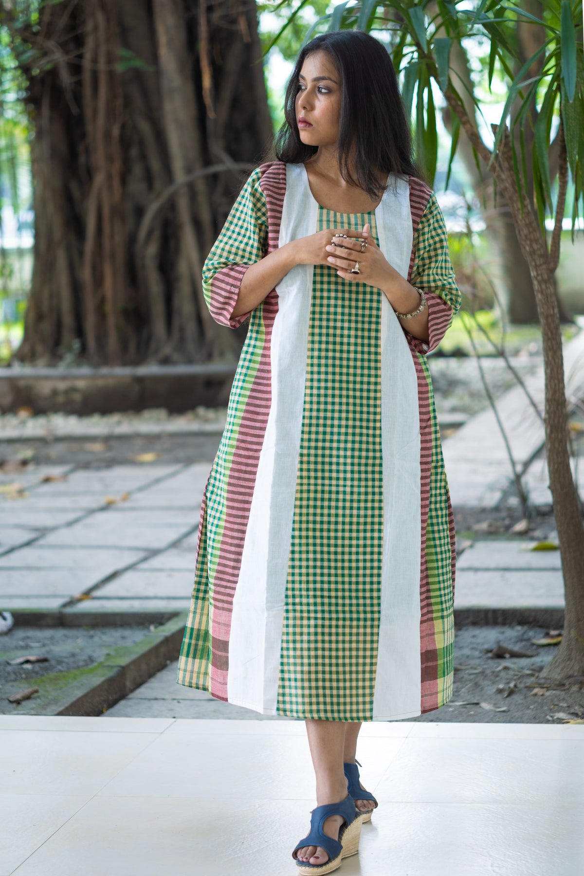 Shyamoli Gamcha Weave Panelled Midi Dress
