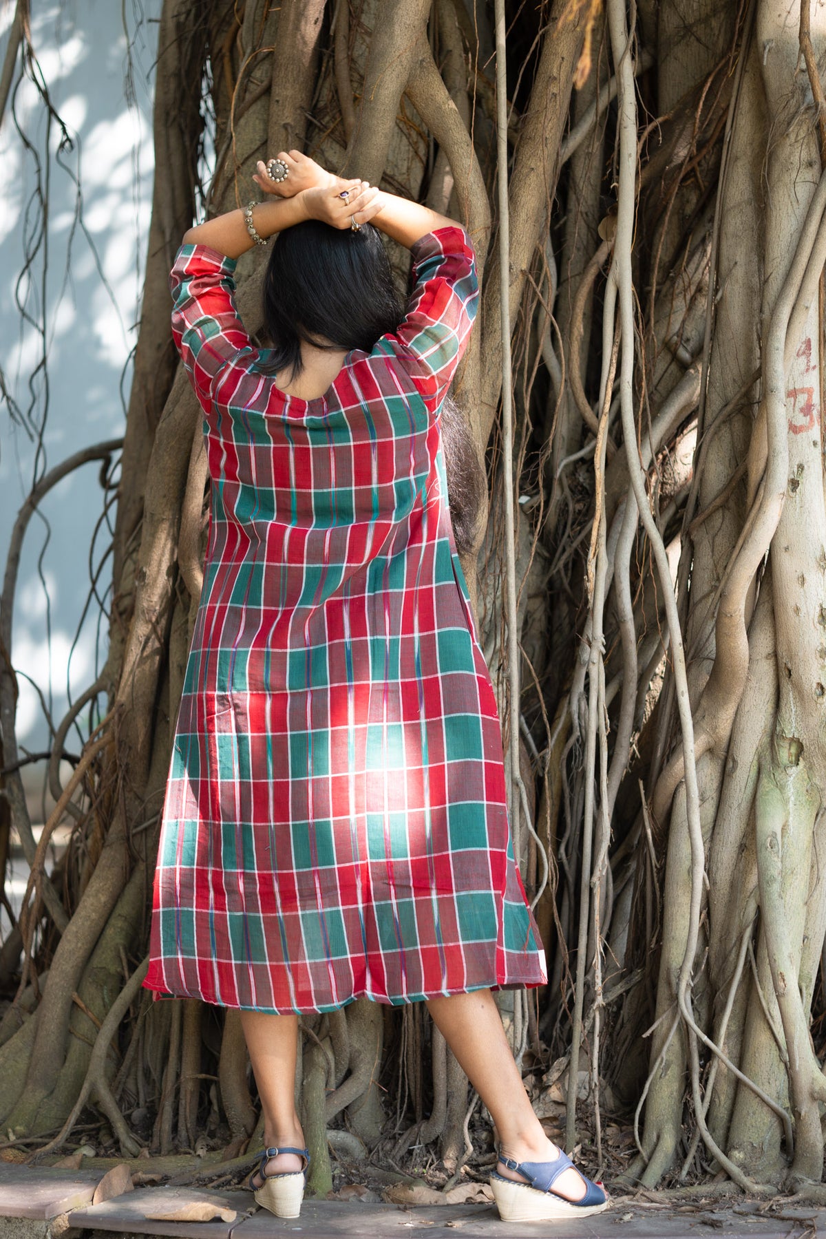 Paar Gamcha Weave Panelled Midi Dress