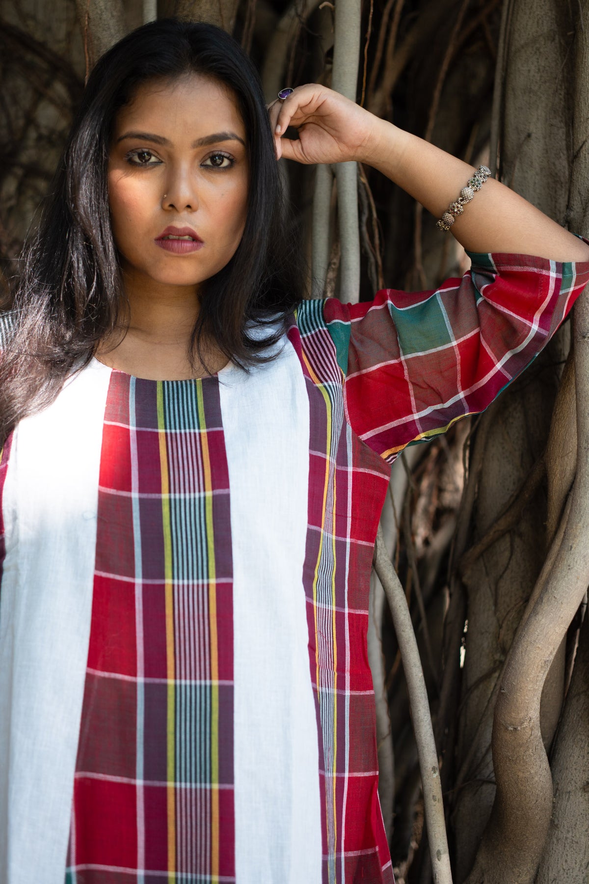 Paar Gamcha Weave Panelled Midi Dress