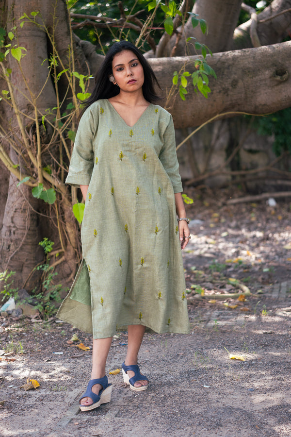 Lata Hand Embroidered Linen Dress