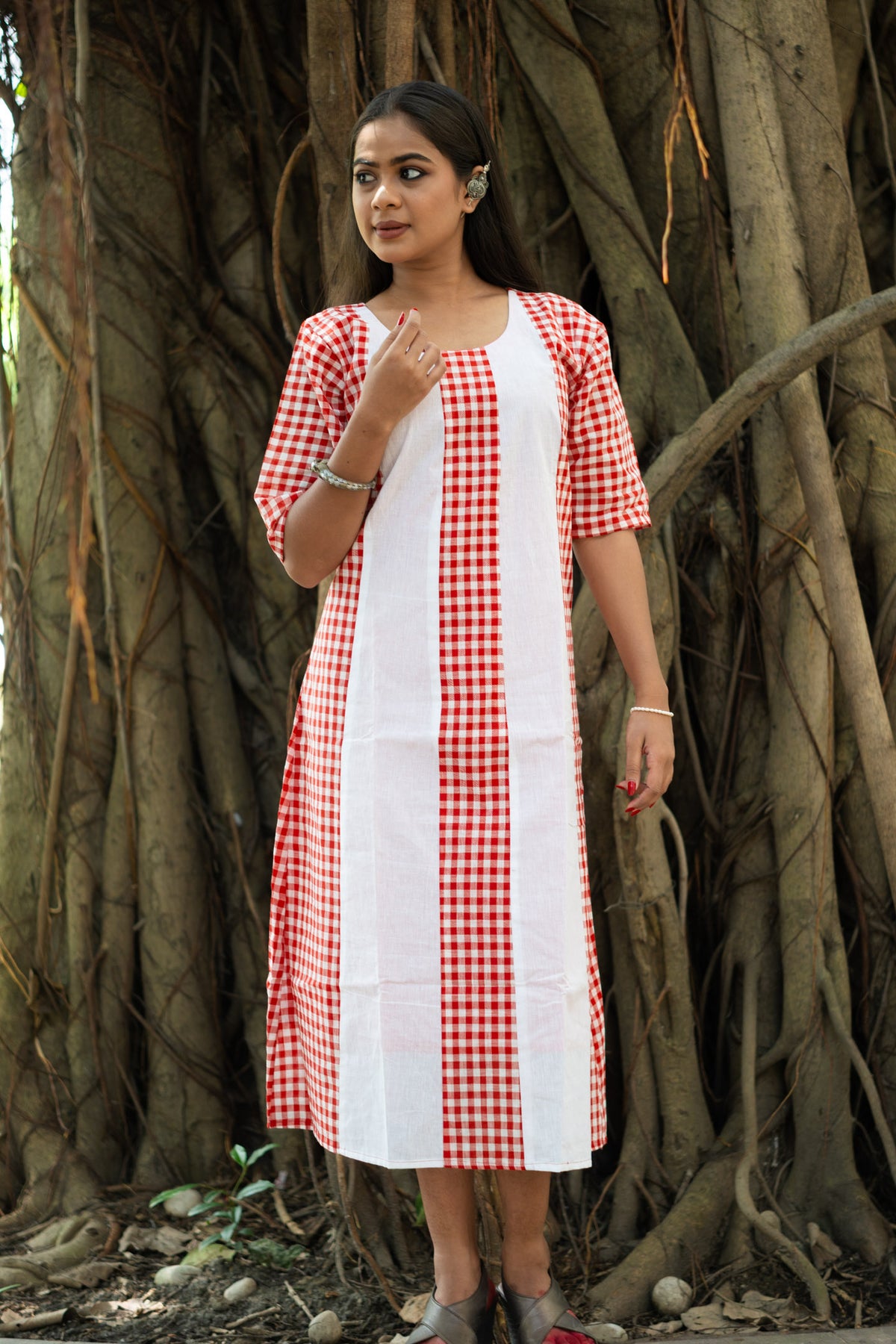 Sindoori Gamcha Weave Panelled Midi Dress