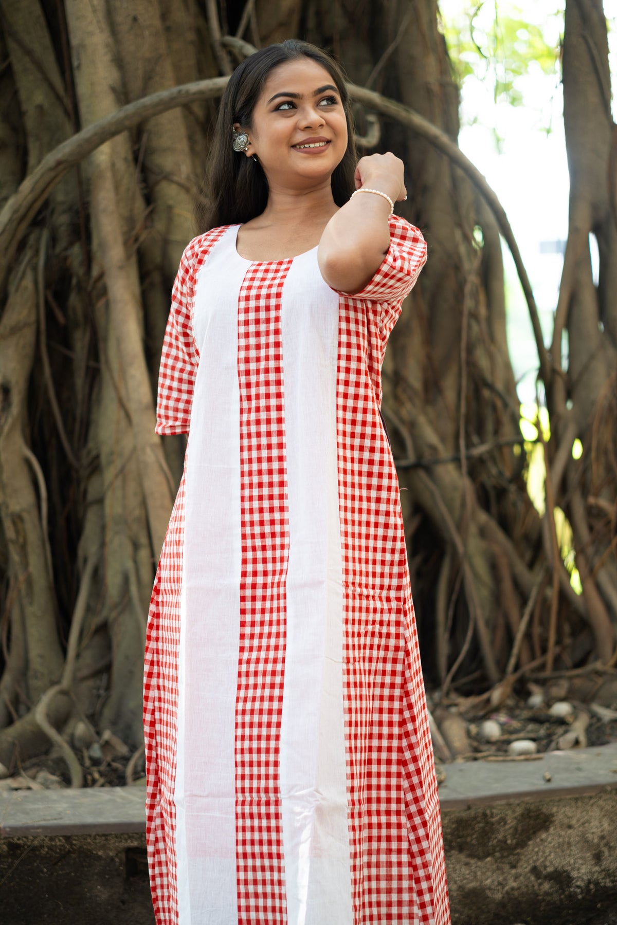 Sindoori Gamcha Weave Panelled Midi Dress