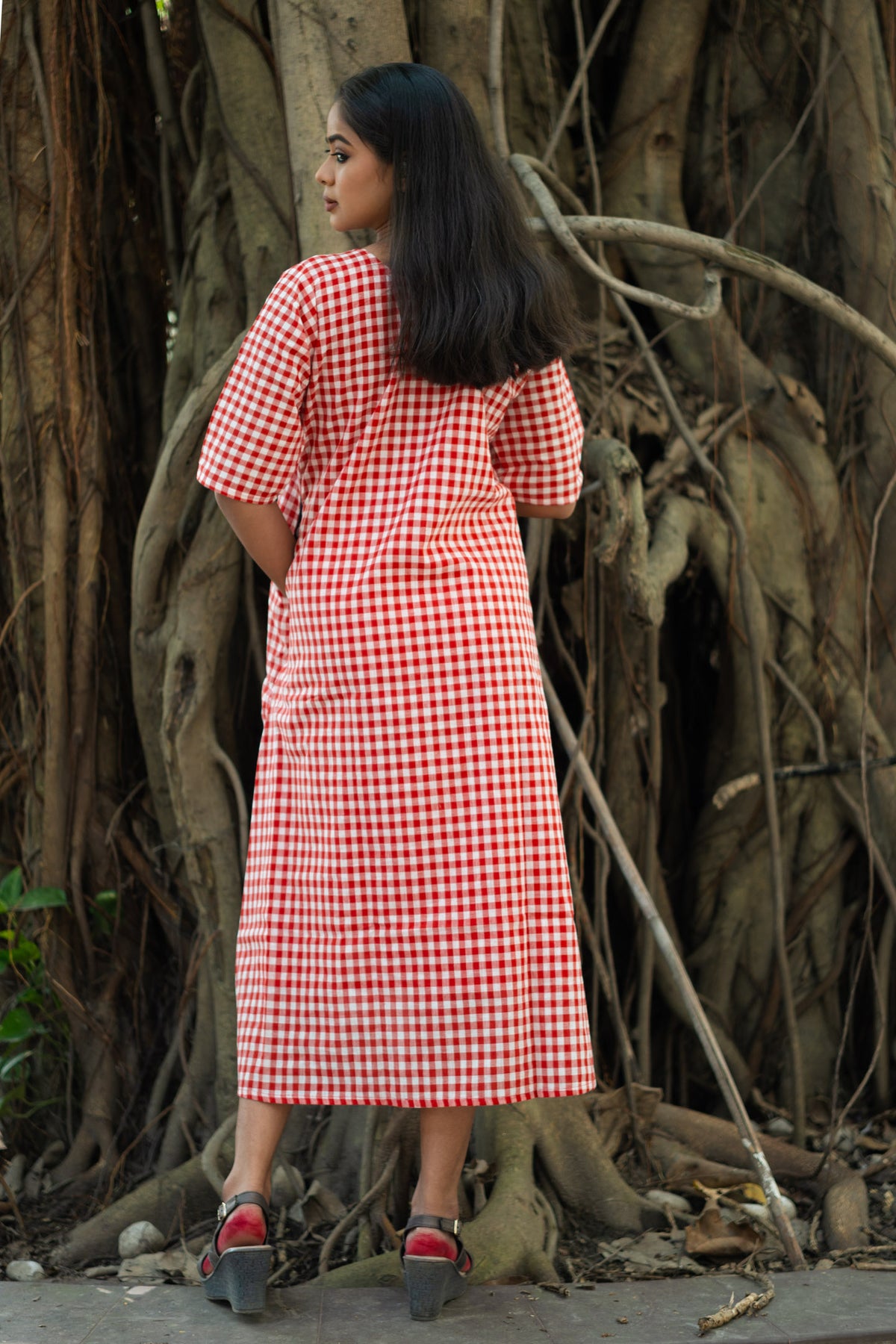 Sindoori Gamcha Weave Panelled Midi Dress