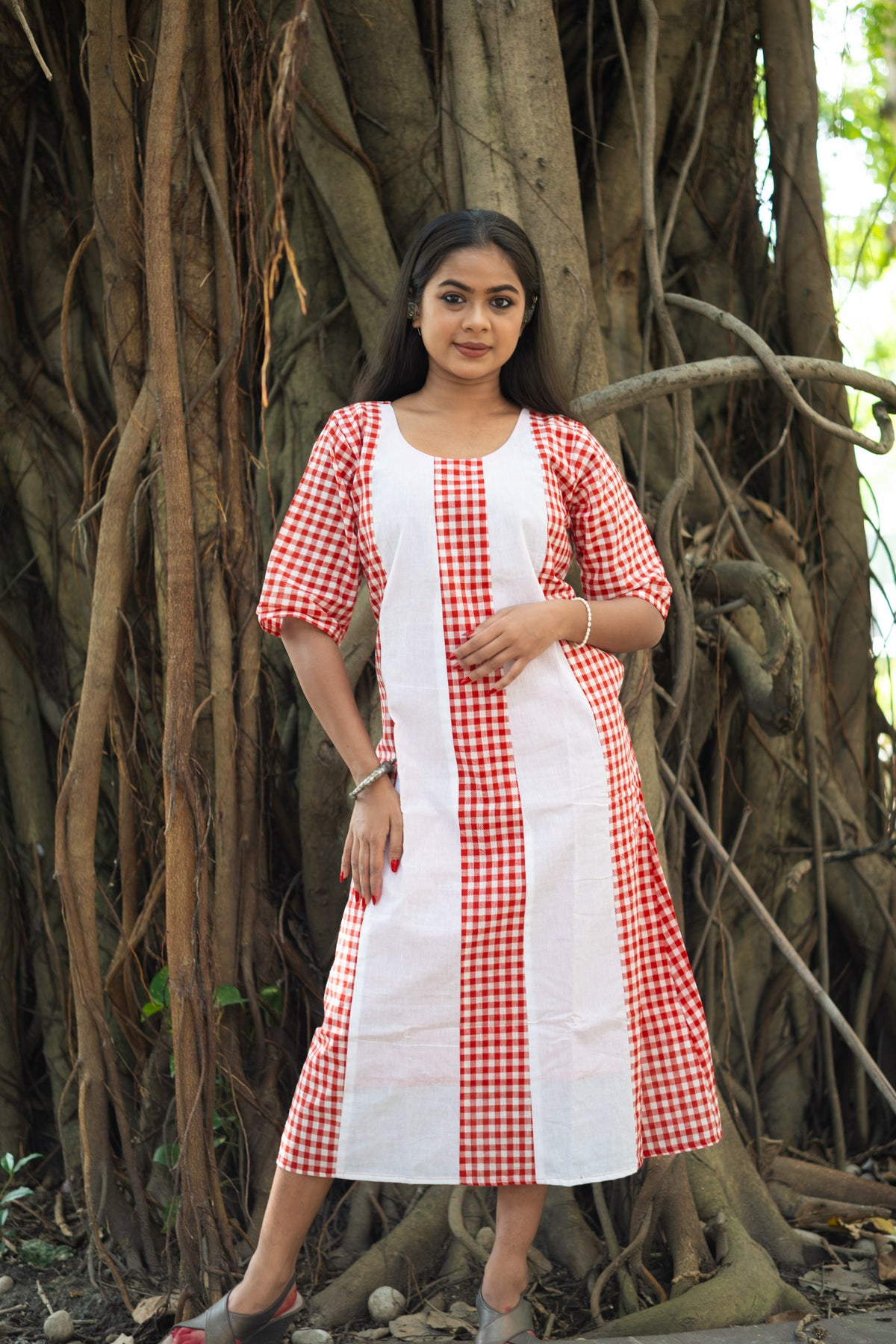Sindoori Gamcha Weave Panelled Midi Dress