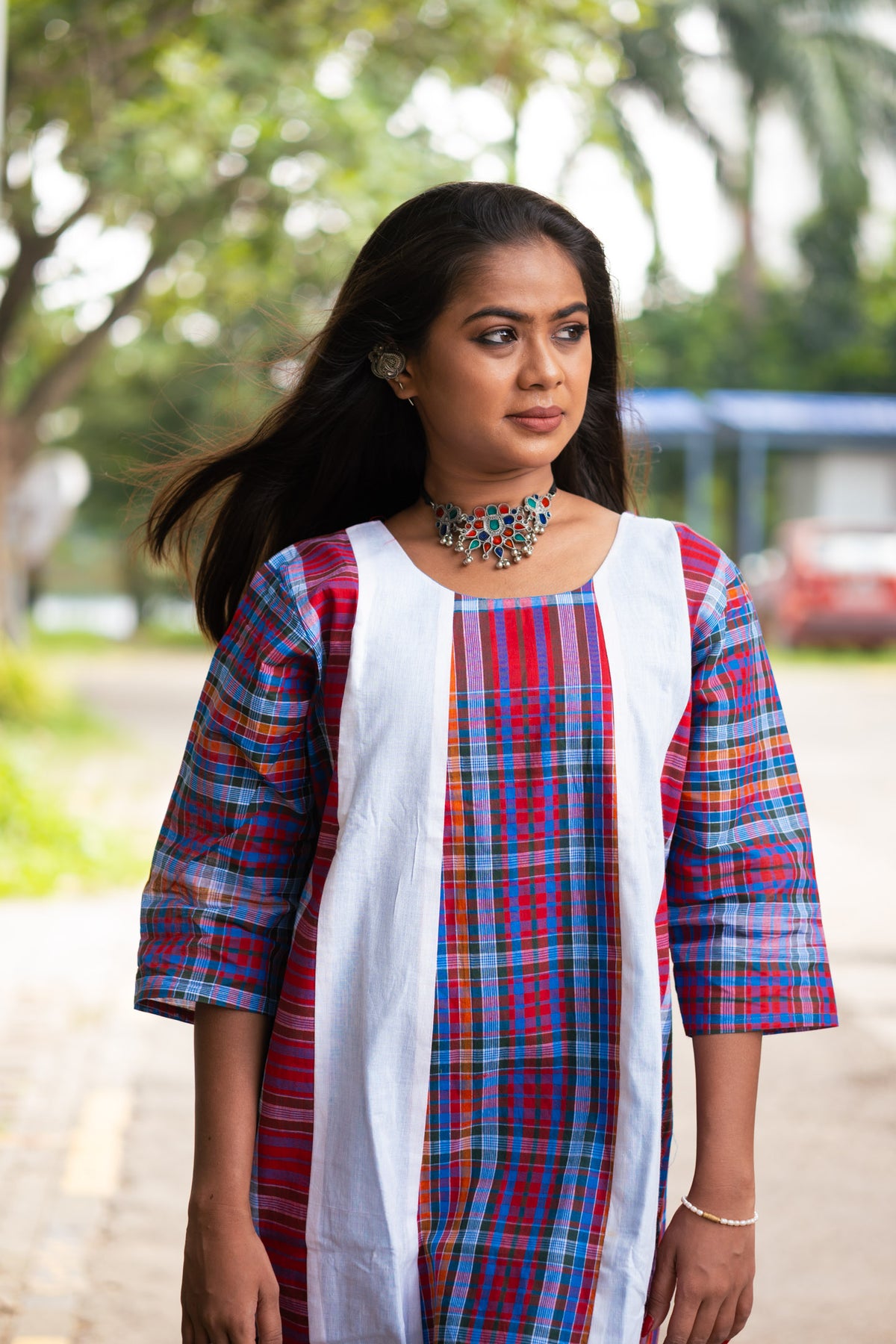 Baishakhi Gamcha Weave Panelled Midi Dress