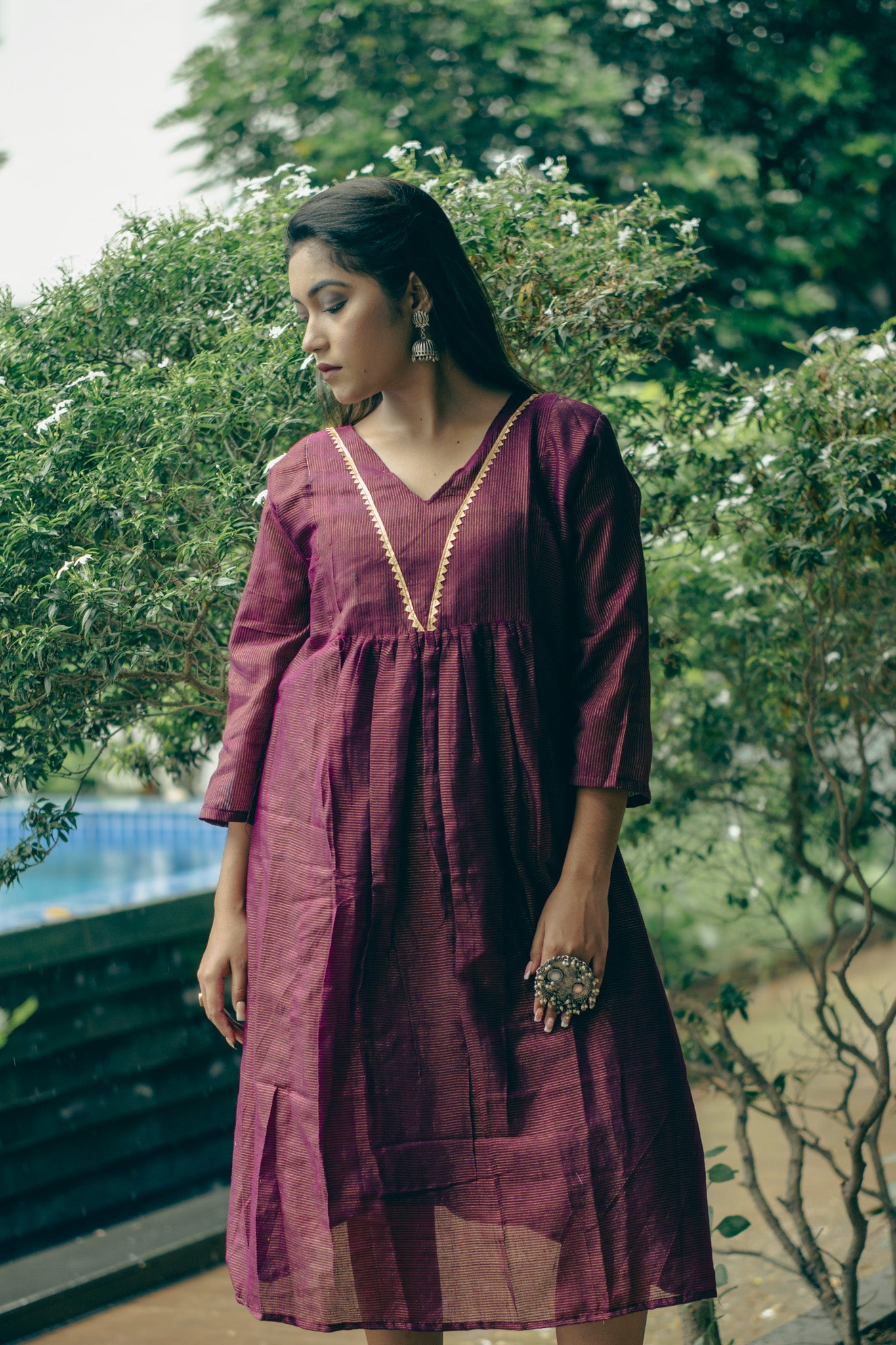 Purple  Cotton Midi Dress with Minimal Detailing