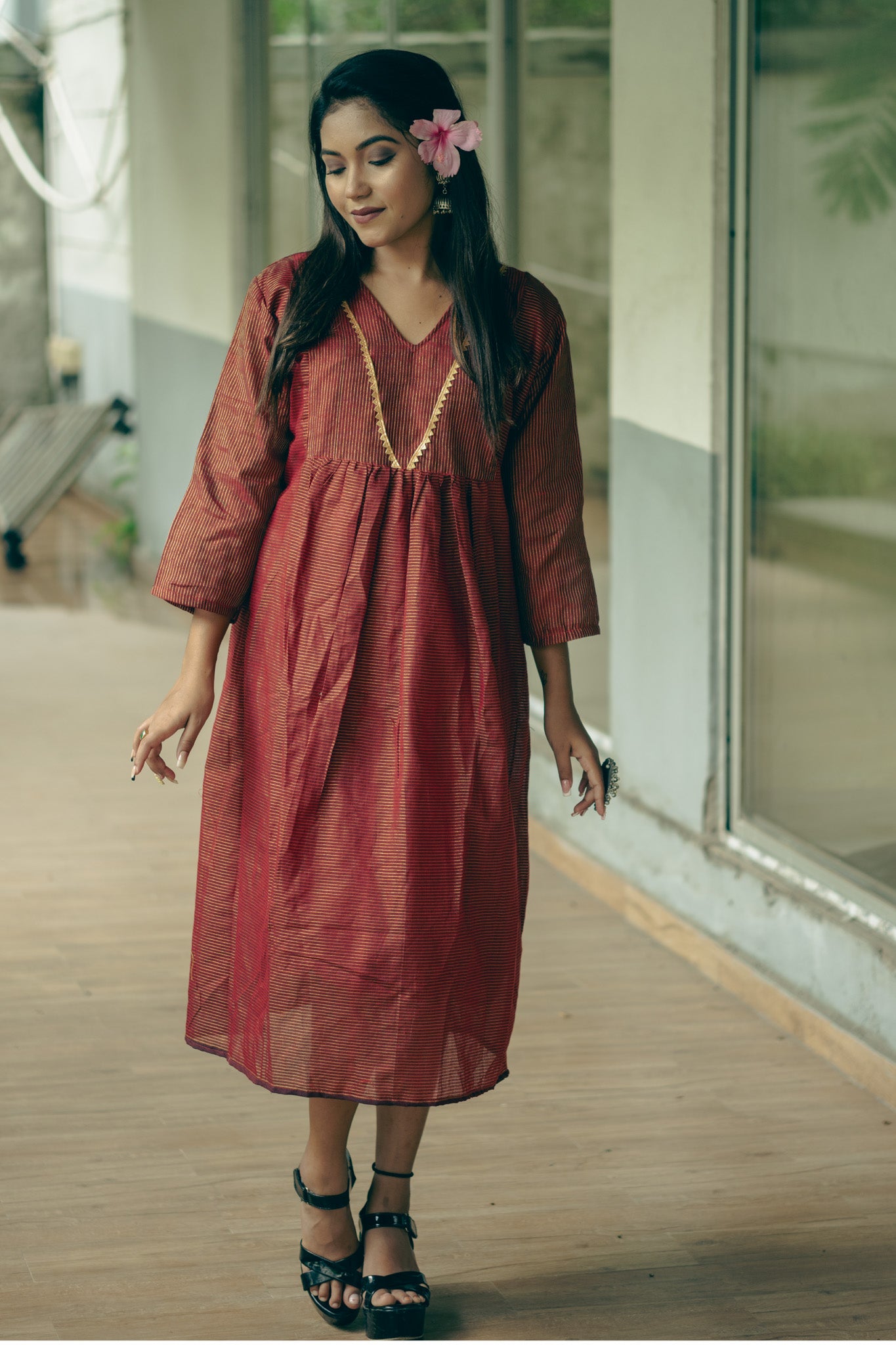 Elegant Chocolate Cotton Midi Dress with Minimal Detailing