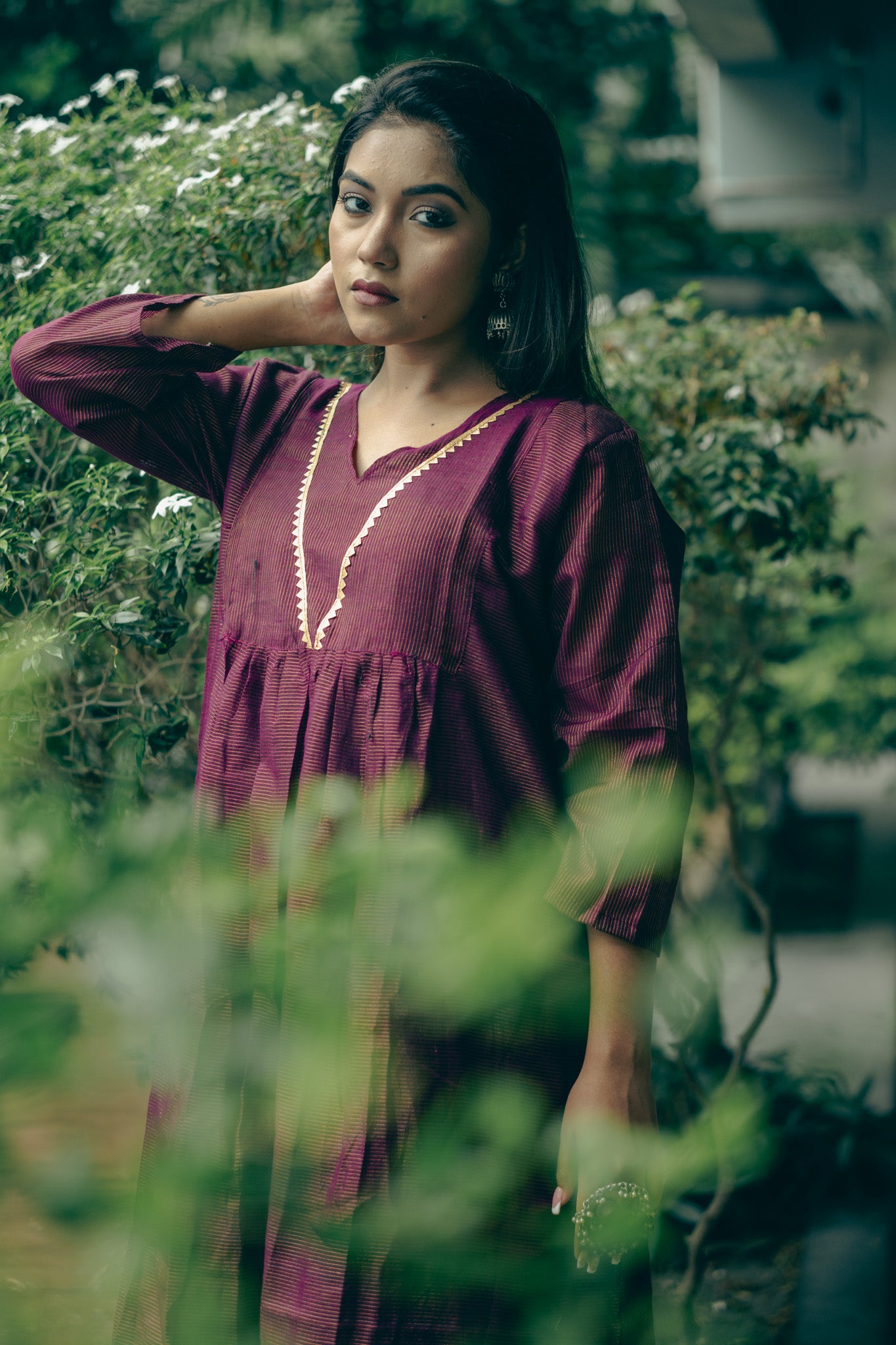 Purple  Cotton Midi Dress with Minimal Detailing