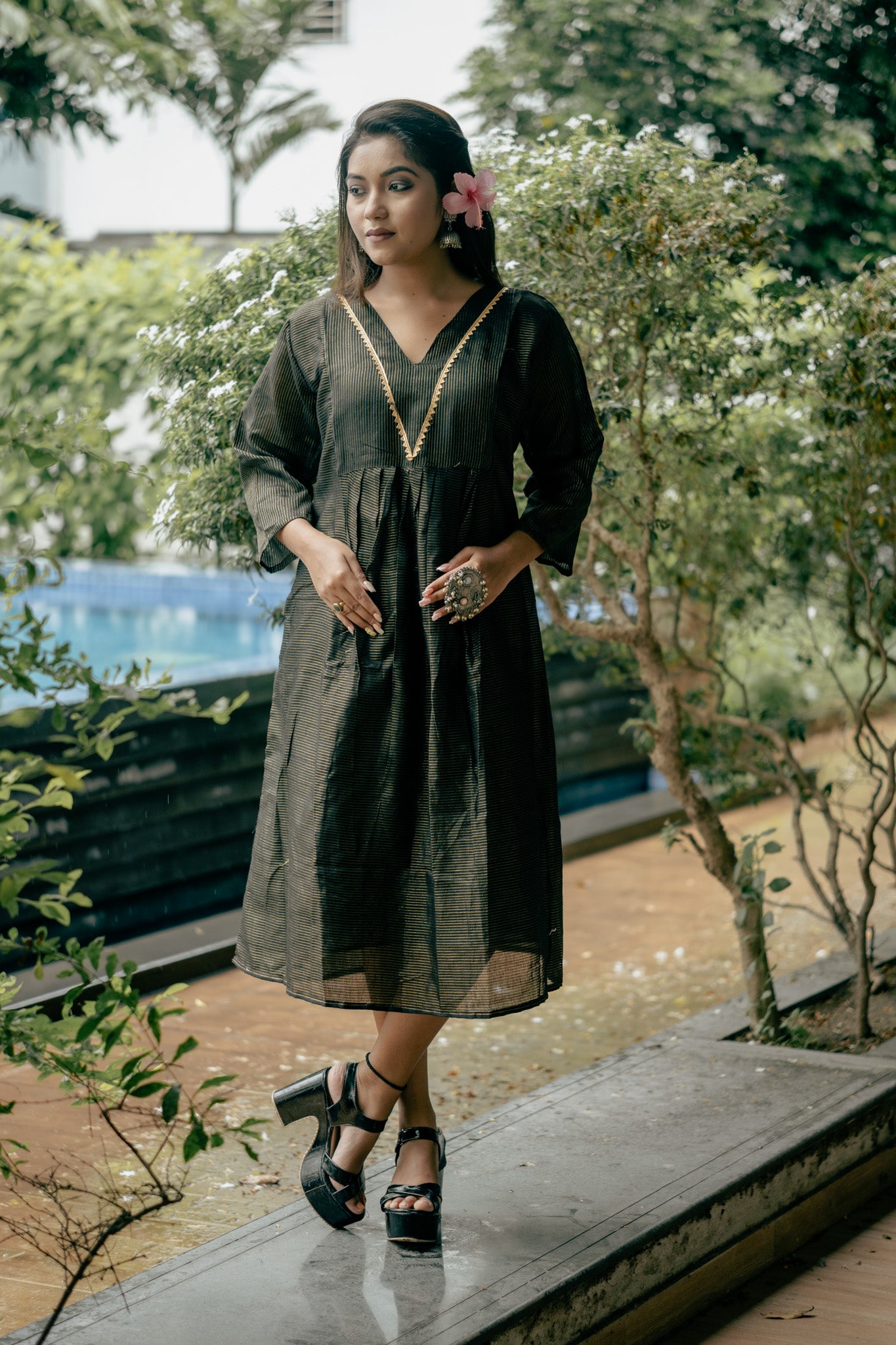 Classic Black & Gold Striped Cotton Midi Dress with Elegant Detailing