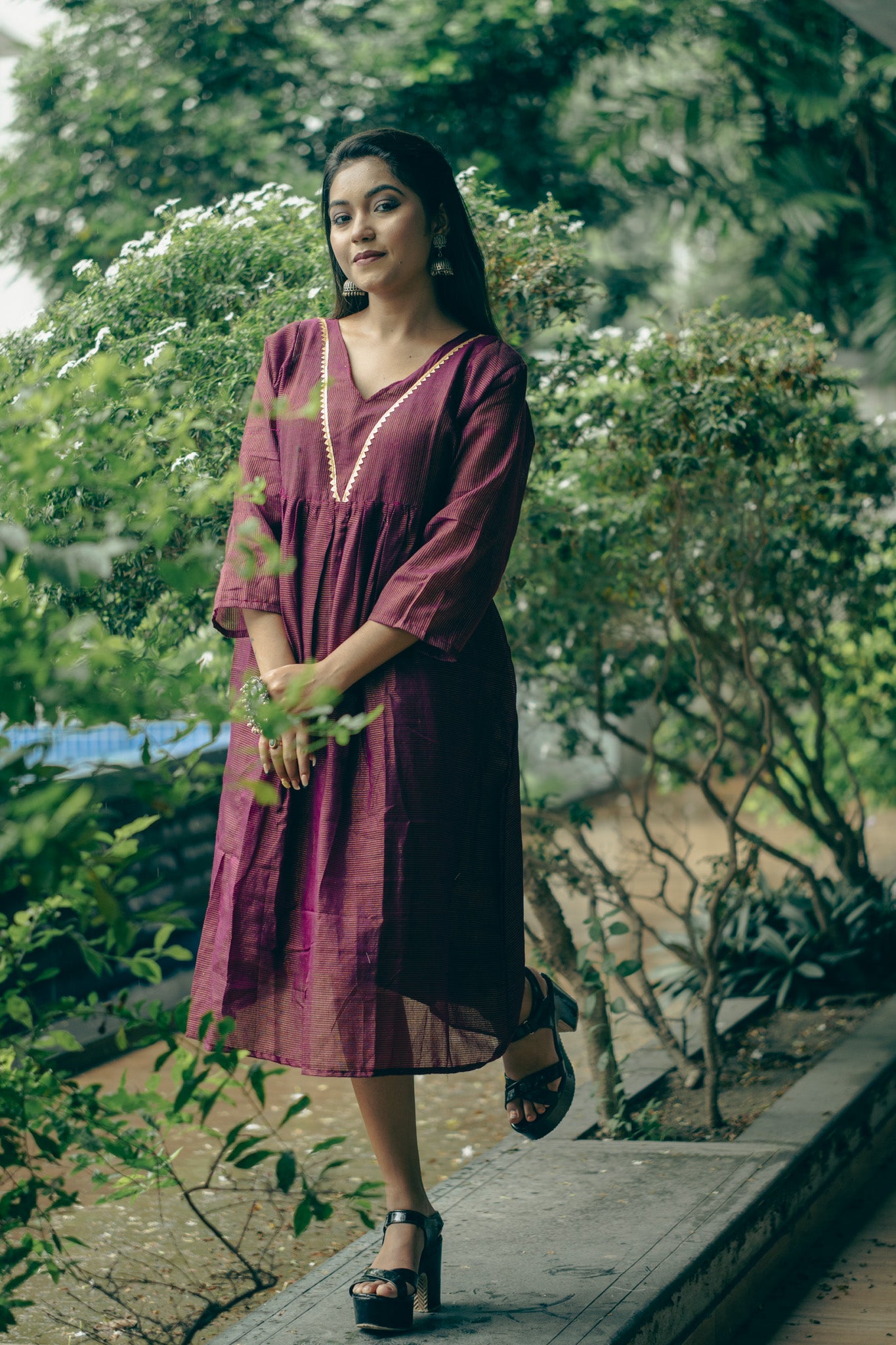 Purple  Cotton Midi Dress with Minimal Detailing