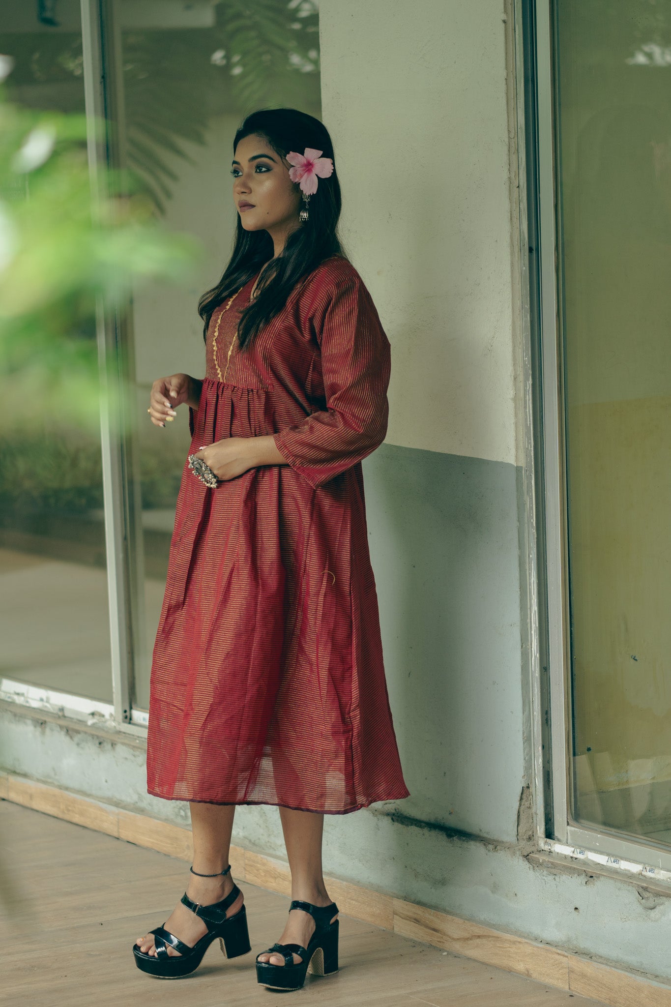 Elegant Chocolate Cotton Midi Dress with Minimal Detailing