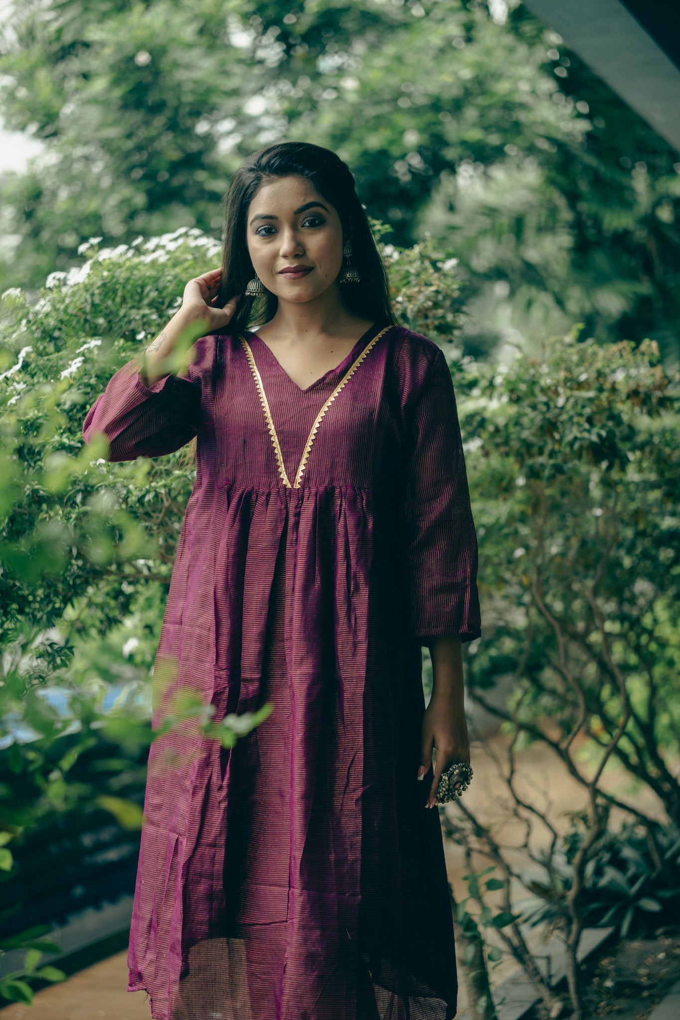 Purple  Cotton Midi Dress with Minimal Detailing