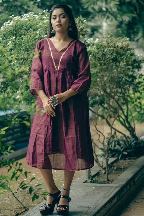 Purple  Cotton Midi Dress with Minimal Detailing