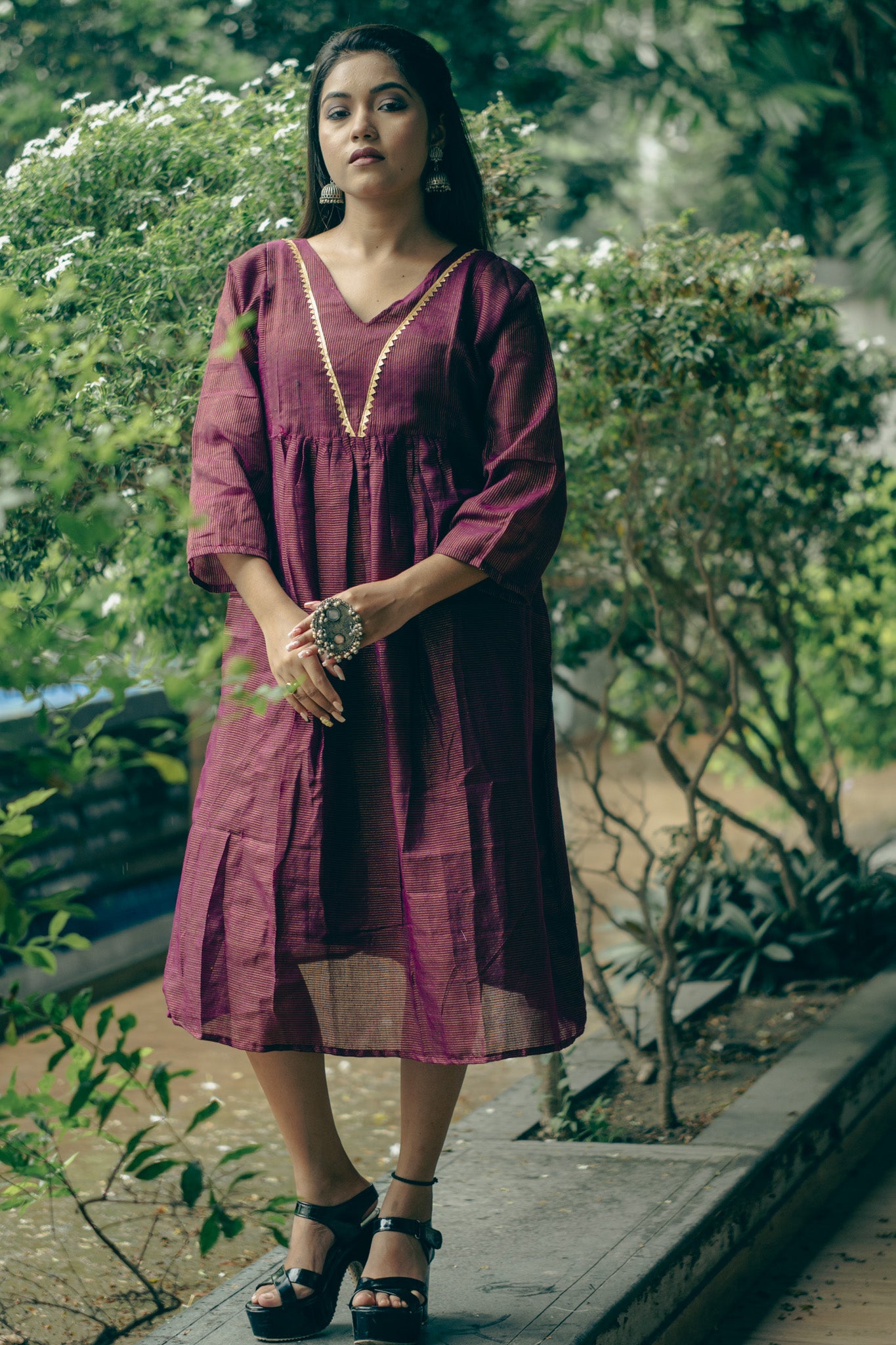 Purple  Cotton Midi Dress with Minimal Detailing