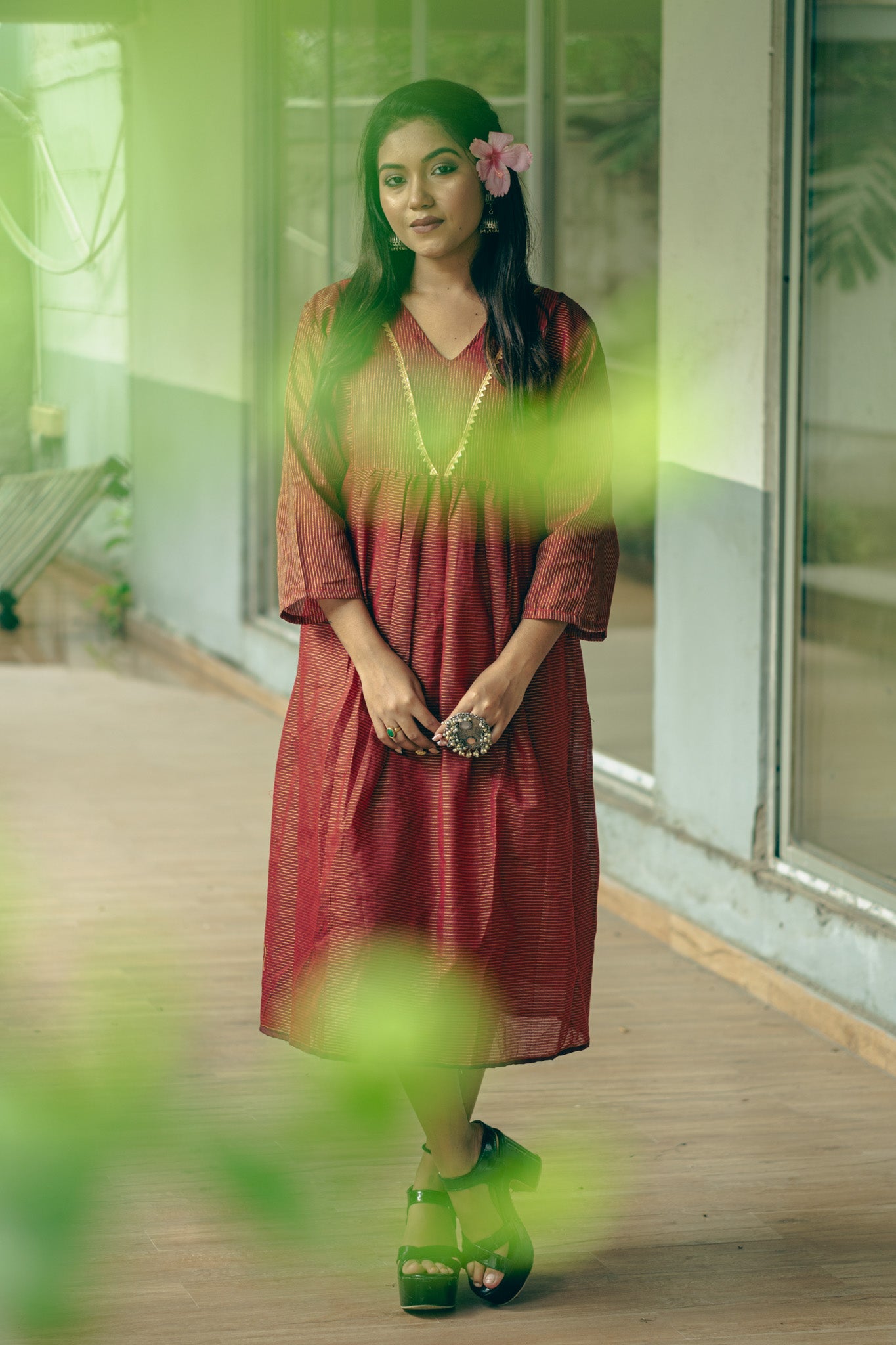 Elegant Chocolate Cotton Midi Dress with Minimal Detailing