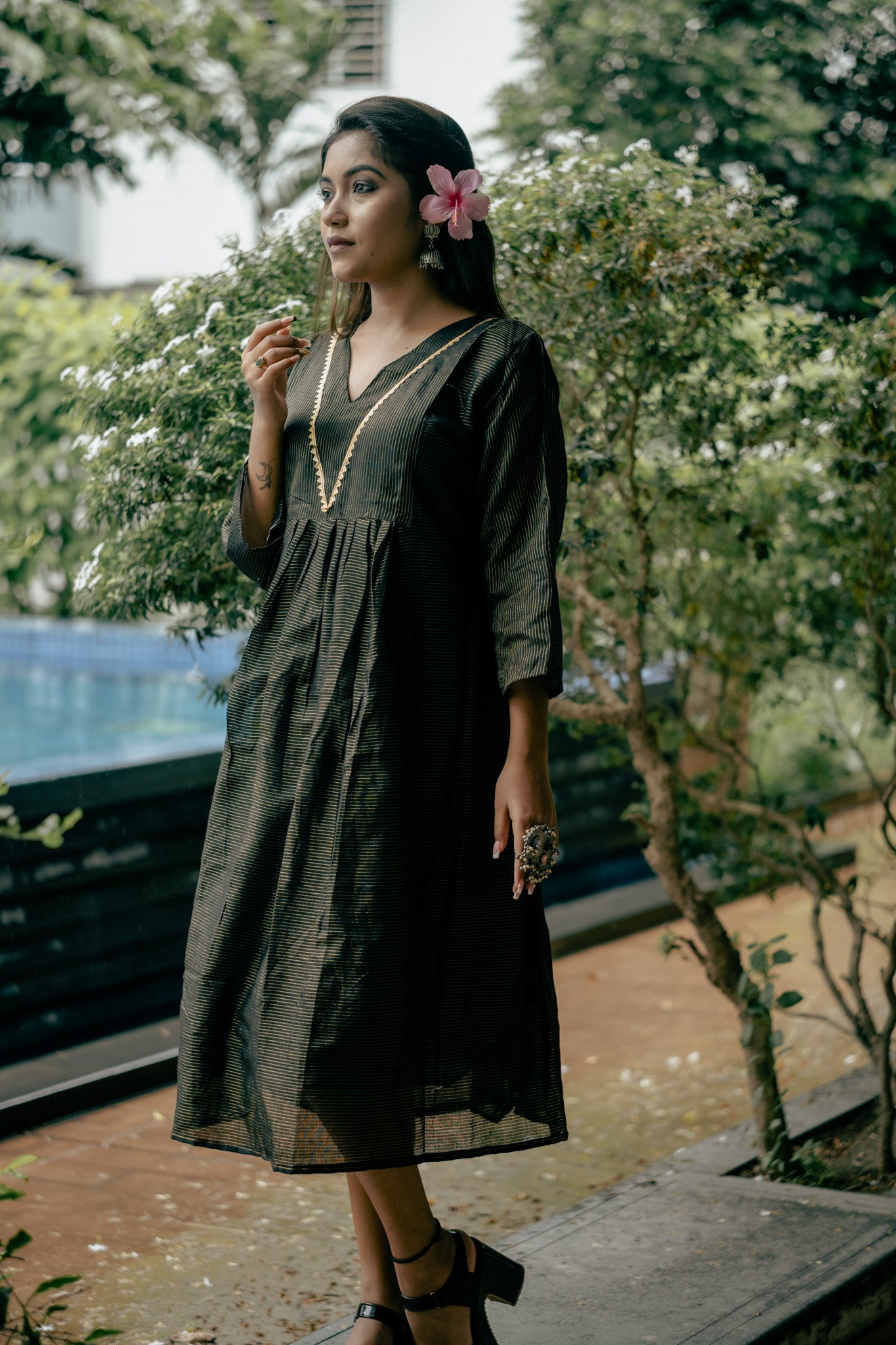 Classic Black & Gold Striped Cotton Midi Dress with Elegant Detailing